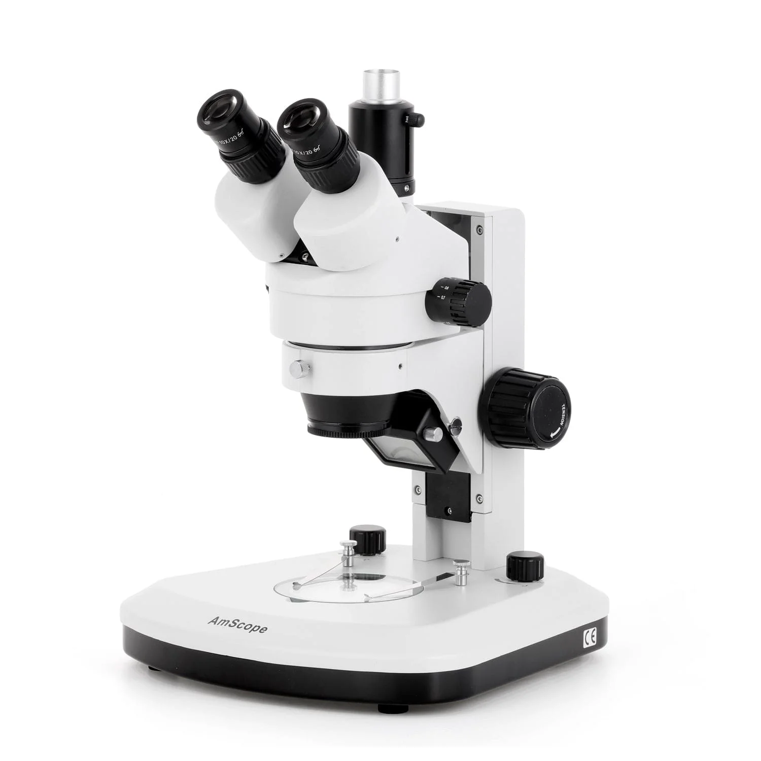 AmScope SM-1 Series Zoom Trinocular Stereo Microscope with Dual LED, Optional Digital Camera on Track Stand