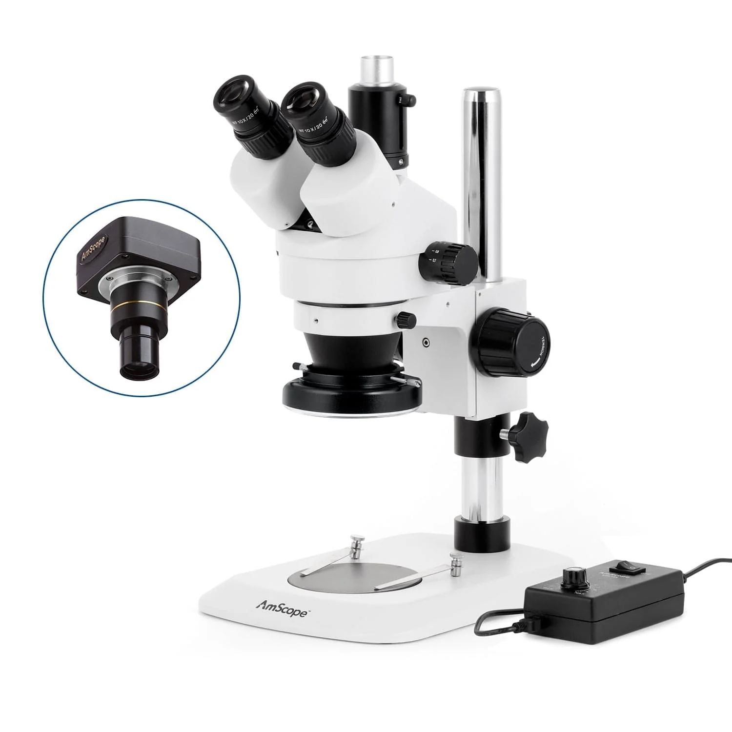 AmScope SM-1 Series Industrial Inspection Zoom Trinocular Stereo Microscope with 144 LED Ring Light and Optional Digital Camera on Pillar Stand with Small Base - Image 2