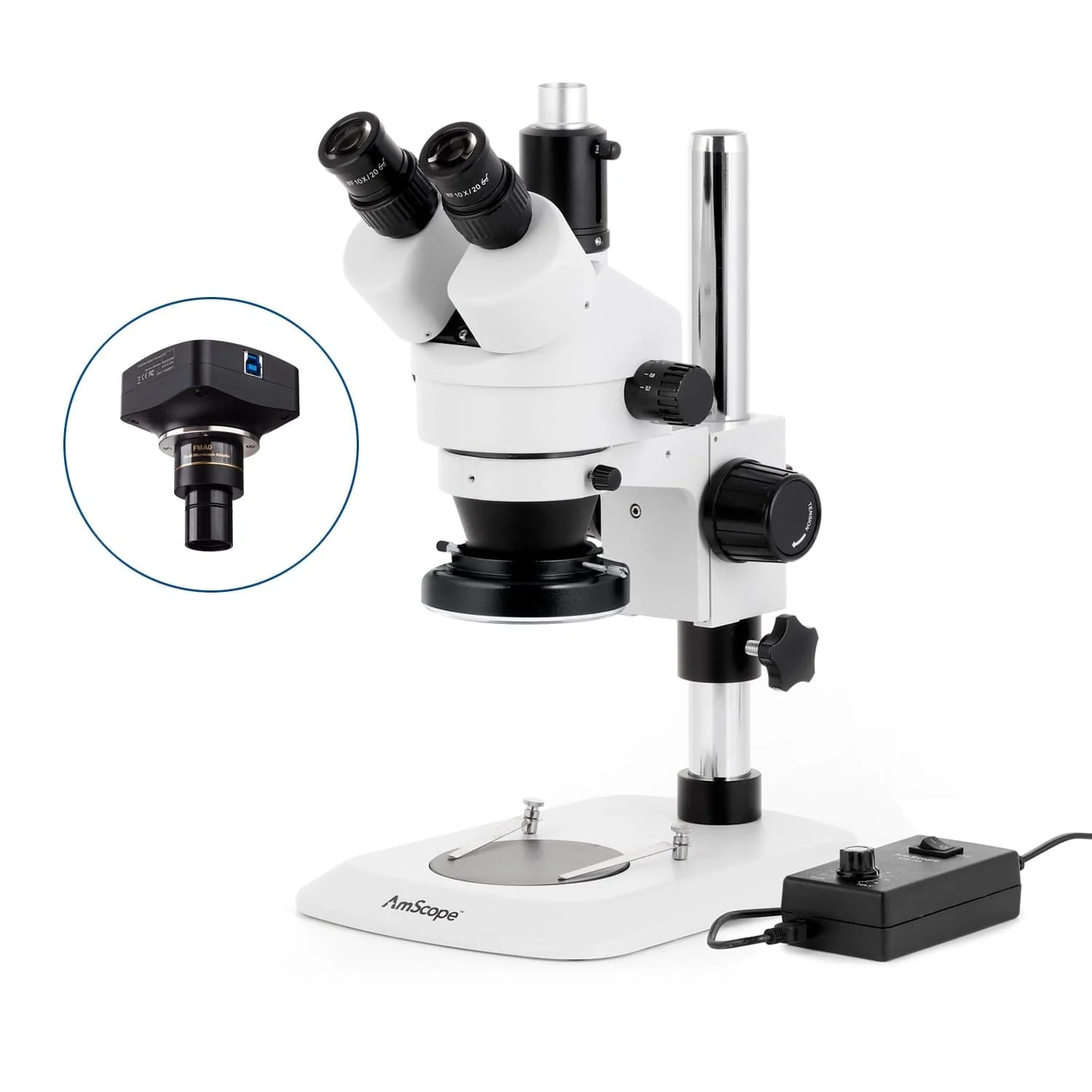 AmScope SM-1 Series Industrial Inspection Zoom Trinocular Stereo Microscope with 144 LED Ring Light and Optional Digital Camera on Pillar Stand with Small Base - Image 4