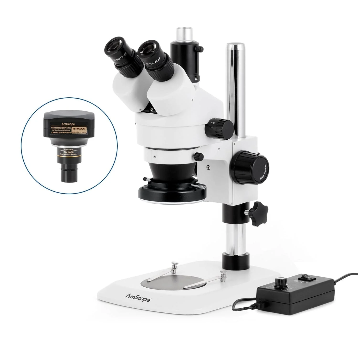 AmScope SM-1 Series Industrial Inspection Zoom Trinocular Stereo Microscope with 144 LED Ring Light and Optional Digital Camera on Pillar Stand with Small Base - Image 6