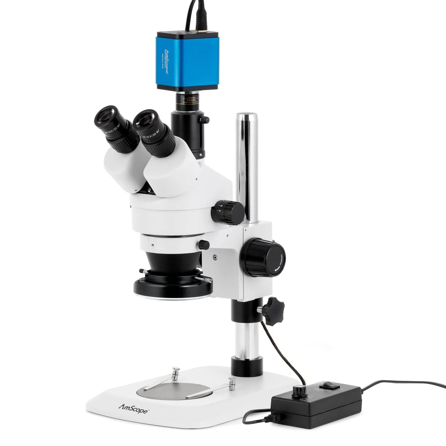 AmScope SM-1 Series Industrial Inspection Zoom Trinocular Stereo Microscope with 144 LED Ring Light and HDMI Camera on Pillar Stand with Small Base