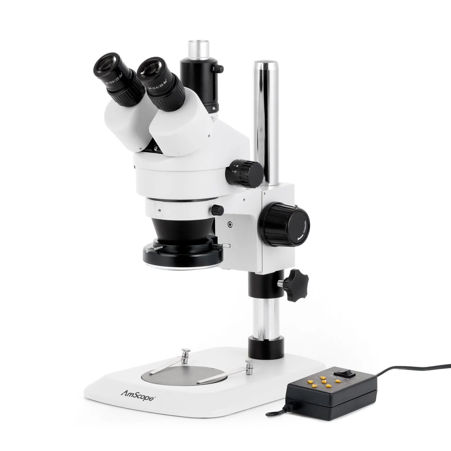 AmScope SM-1 Series Industrial Inspection Zoom Trinocular Stereo Microscope with Multi-Zone 144 LED and Optional Digital Camera on Pillar Stand with Small Base