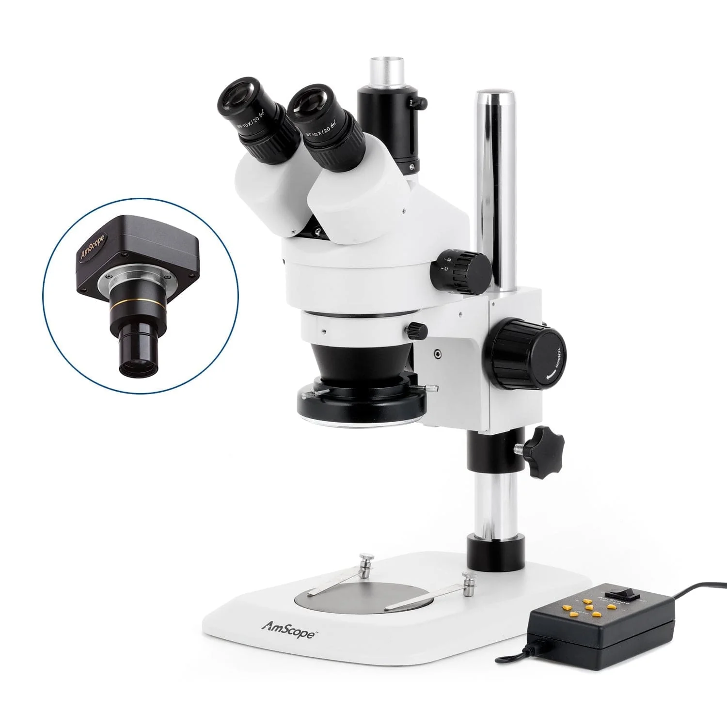 AmScope SM-1 Series Industrial Inspection Zoom Trinocular Stereo Microscope with Multi-Zone 144 LED and Optional Digital Camera on Pillar Stand with Small Base - Image 2