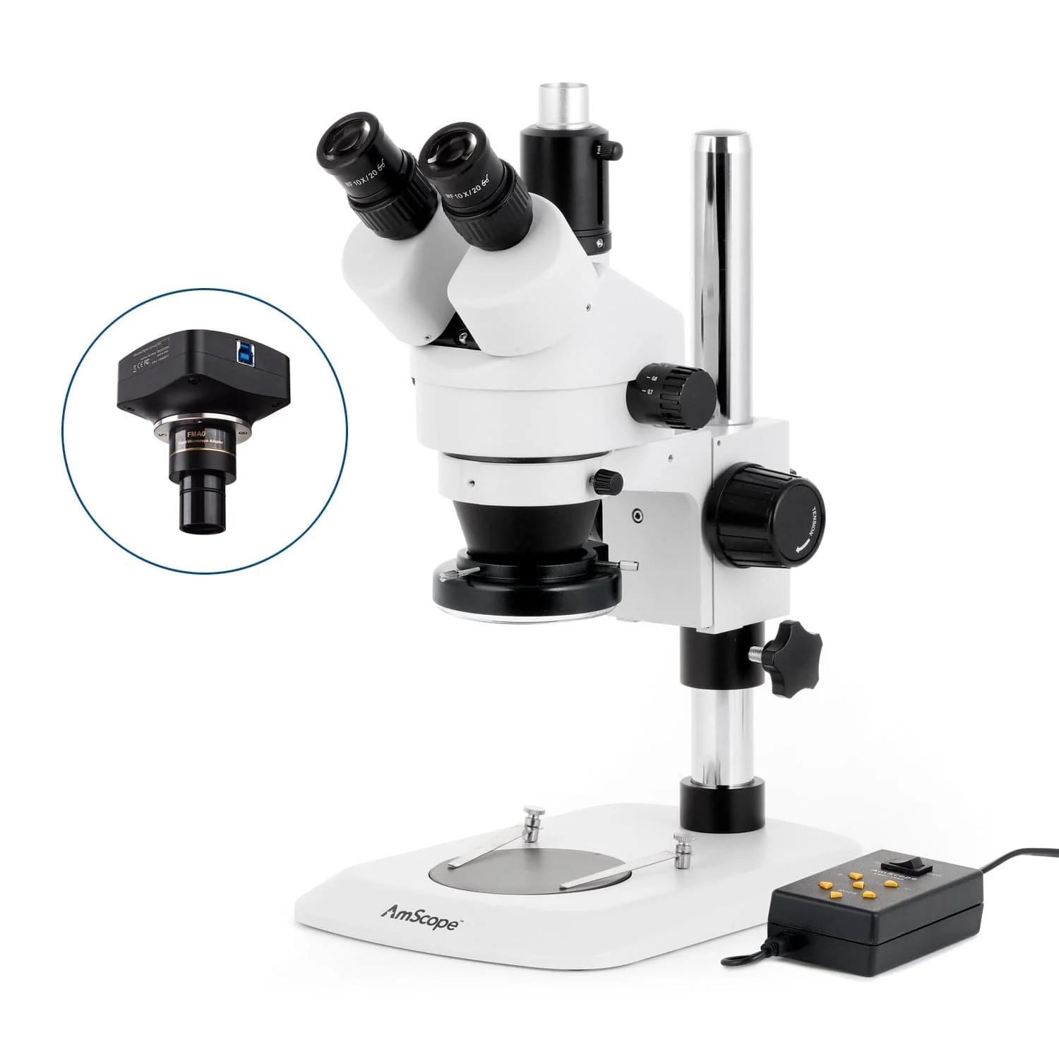 AmScope SM-1 Series Industrial Inspection Zoom Trinocular Stereo Microscope with Multi-Zone 144 LED and Optional Digital Camera on Pillar Stand with Small Base - Image 4