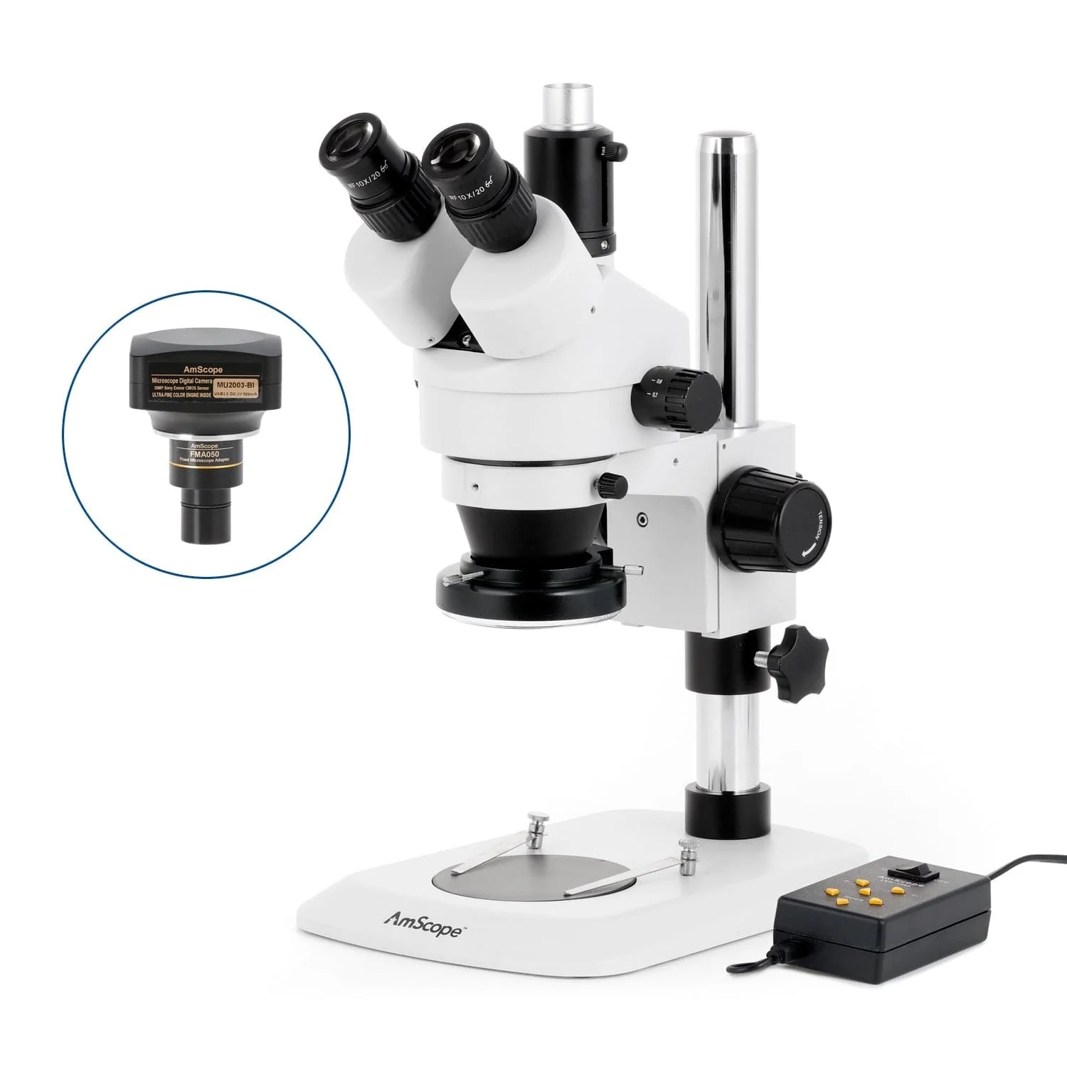 AmScope SM-1 Series Industrial Inspection Zoom Trinocular Stereo Microscope with Multi-Zone 144 LED and Optional Digital Camera on Pillar Stand with Small Base - Image 6