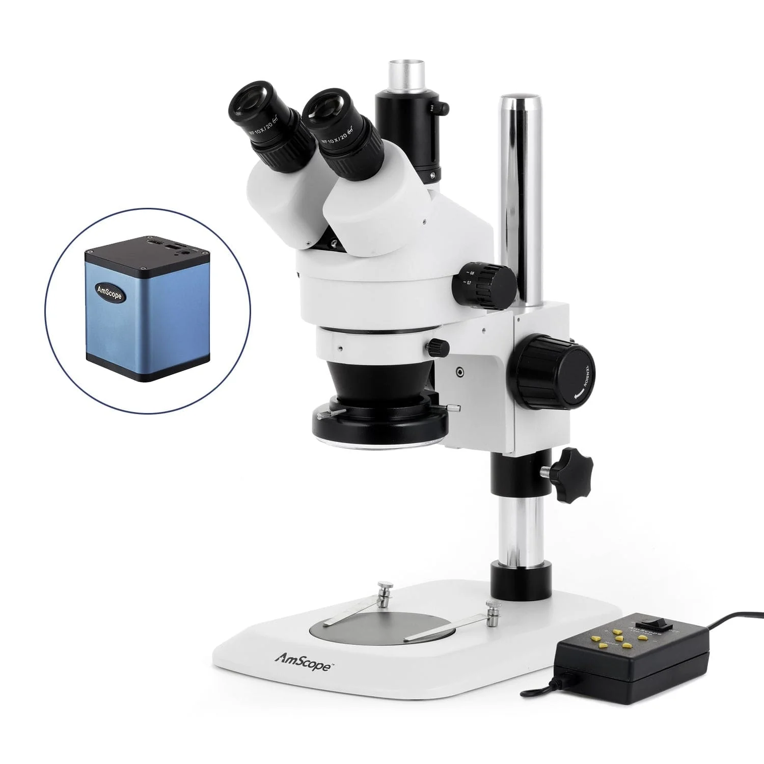 AmScope SM-1 Series Industrial Inspection Zoom Trinocular Stereo Microscope w/Multi-Zone 144 LED and Auto Focus Camera on Pillar Stand with Small Base - Image 3