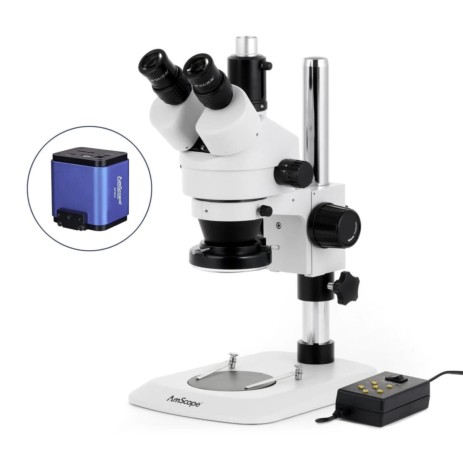 AmScope SM-1 Series Industrial Inspection Zoom Trinocular Stereo Microscope w/Multi-Zone 144 LED and Auto Focus Camera on Pillar Stand with Small Base - Image 5