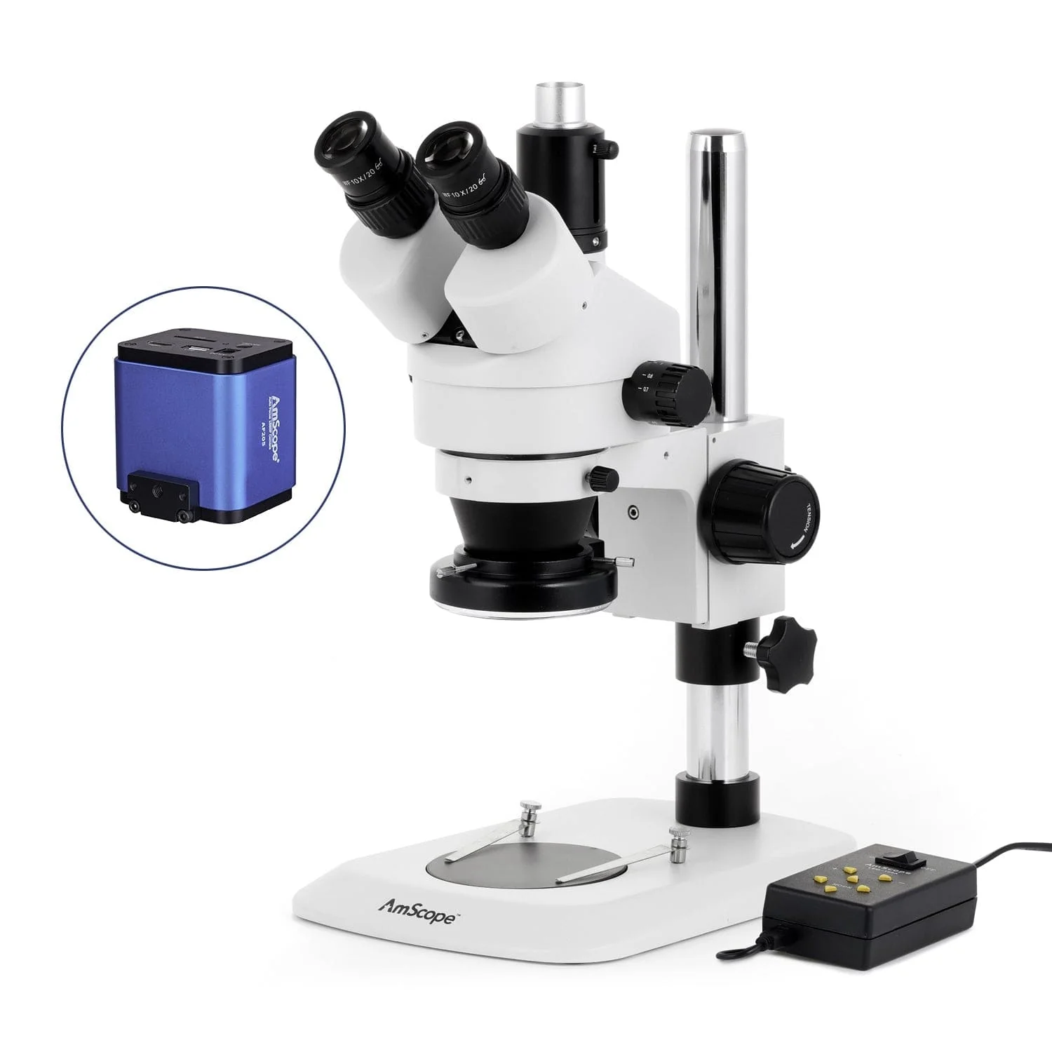AmScope SM-1 Series Industrial Inspection Zoom Trinocular Stereo Microscope w/Multi-Zone 144 LED and Auto Focus Camera on Pillar Stand with Small Base - Image 7
