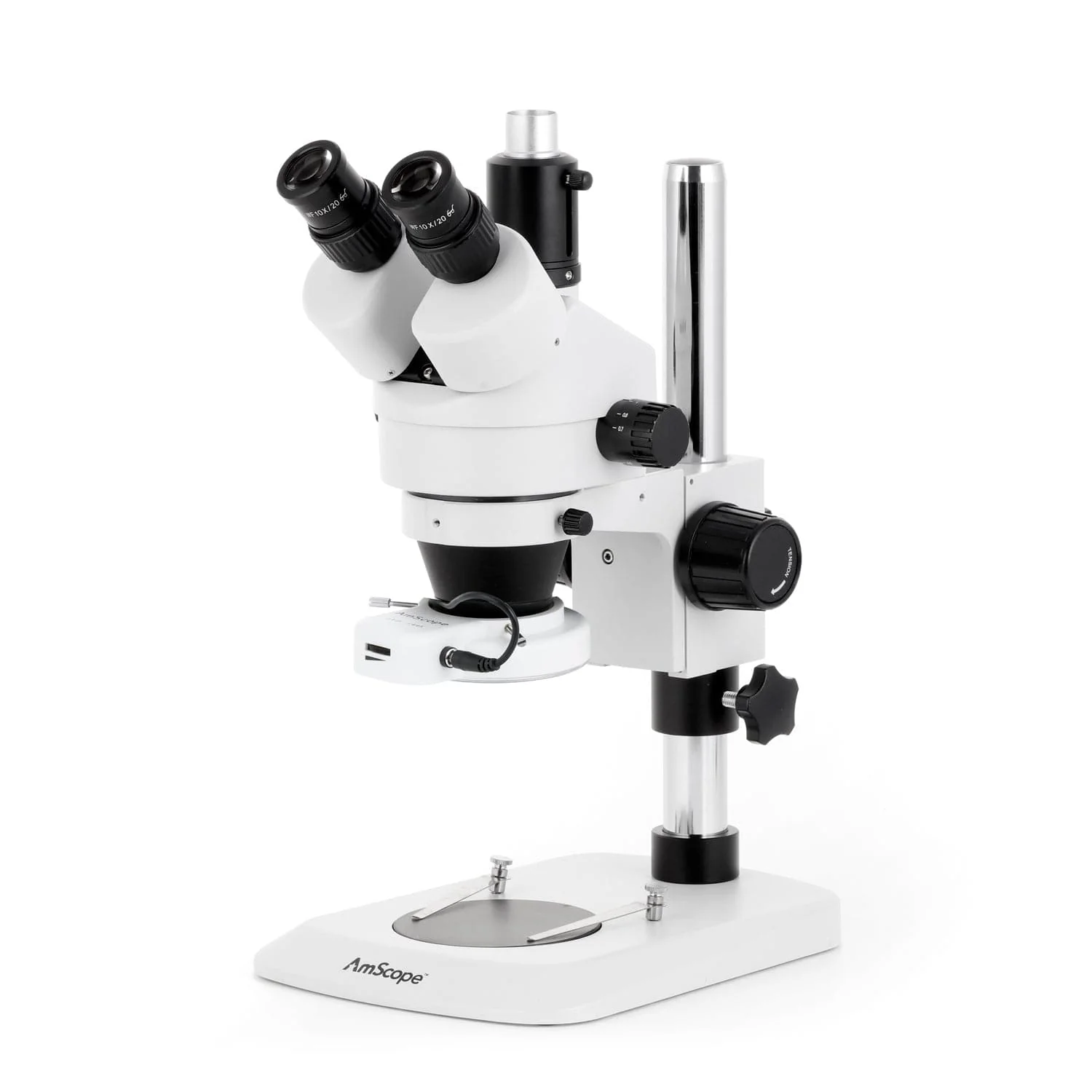 AmScope SM-1 Series Industrial Inspection Zoom Trinocular Stereo Microscope with 144 LED Compact Ring Light and Optional Digital Camera on Pillar Stand with Small Base