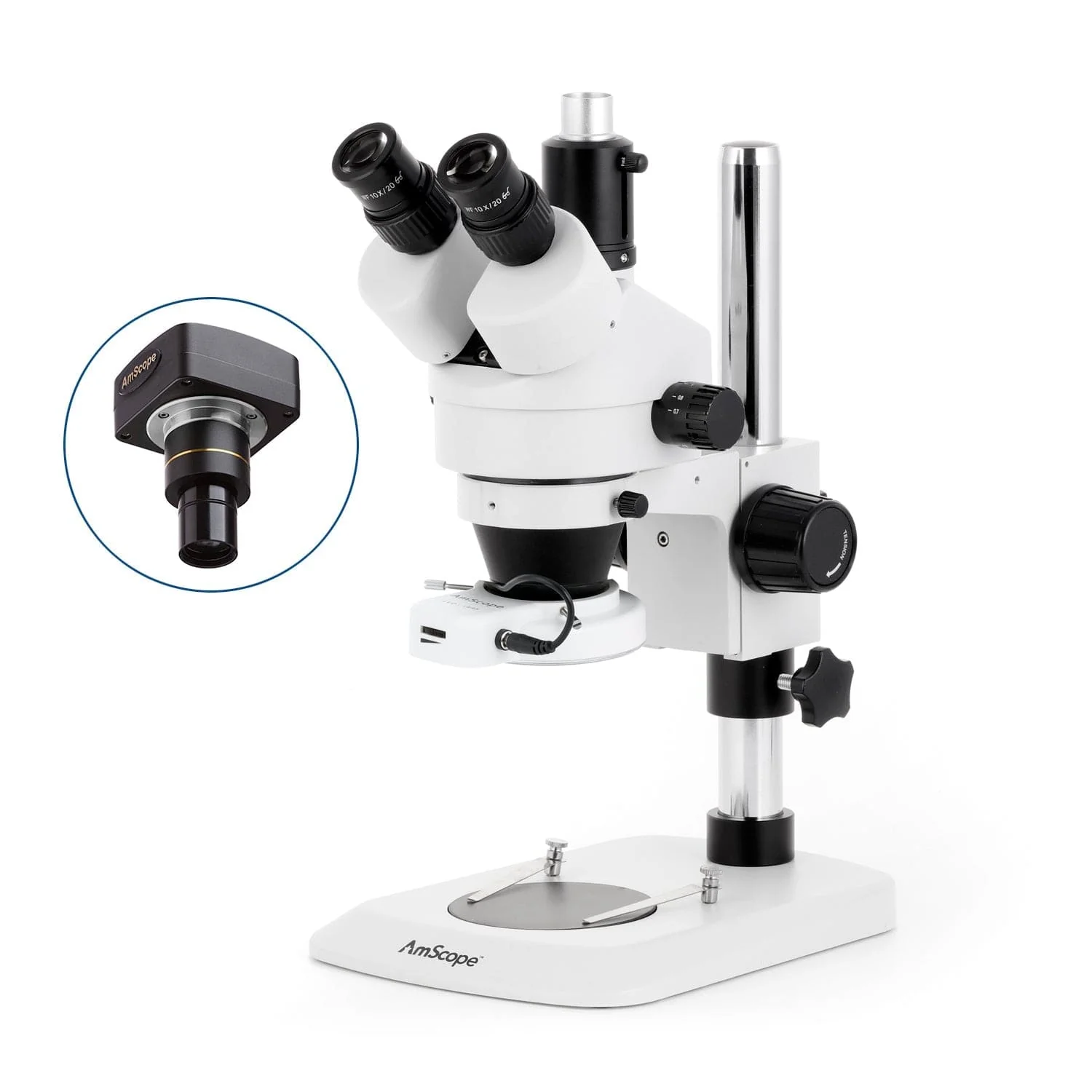 AmScope SM-1 Series Industrial Inspection Zoom Trinocular Stereo Microscope with 144 LED Compact Ring Light and Optional Digital Camera on Pillar Stand with Small Base - Image 2