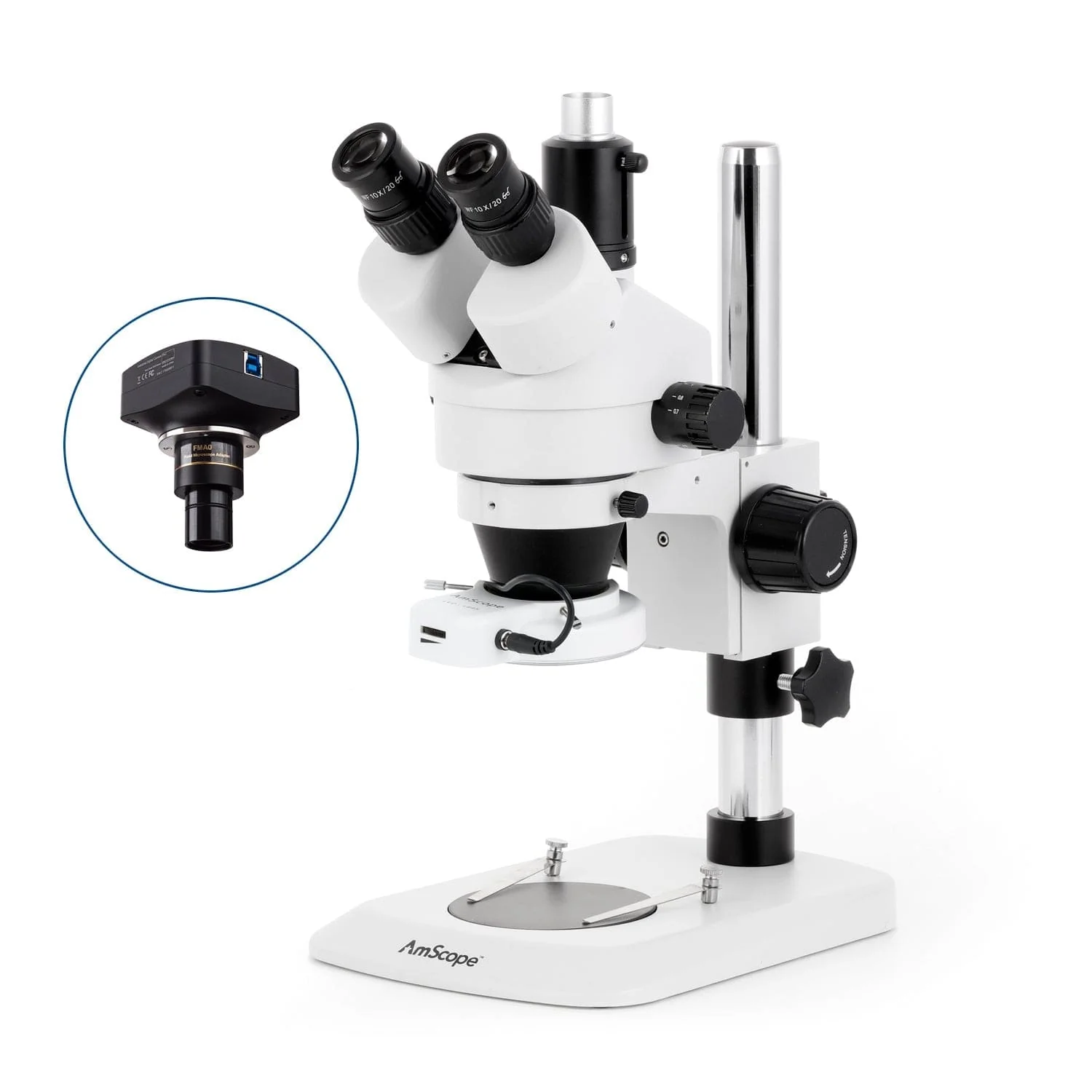 AmScope SM-1 Series Industrial Inspection Zoom Trinocular Stereo Microscope with 144 LED Compact Ring Light and Optional Digital Camera on Pillar Stand with Small Base - Image 4