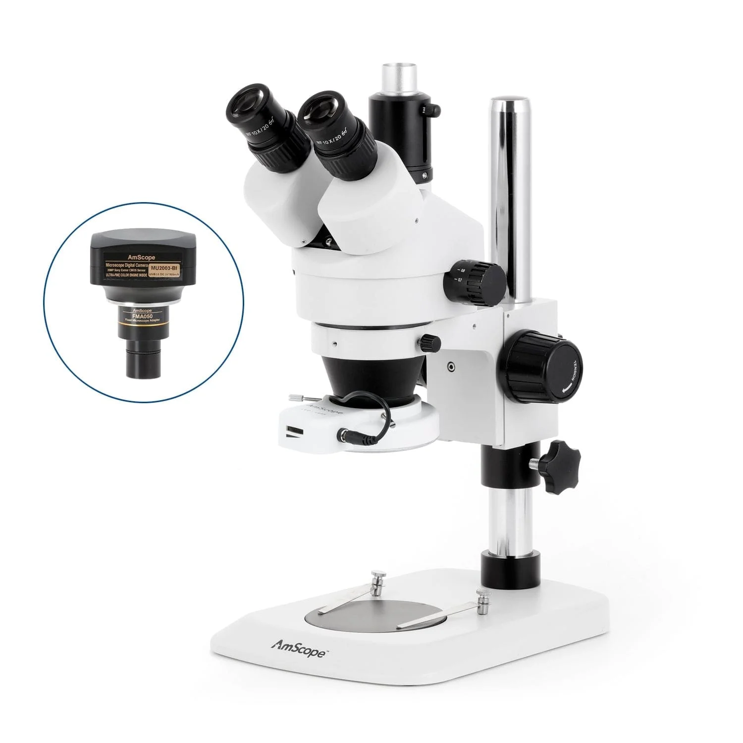 AmScope SM-1 Series Industrial Inspection Zoom Trinocular Stereo Microscope with 144 LED Compact Ring Light and Optional Digital Camera on Pillar Stand with Small Base - Image 6