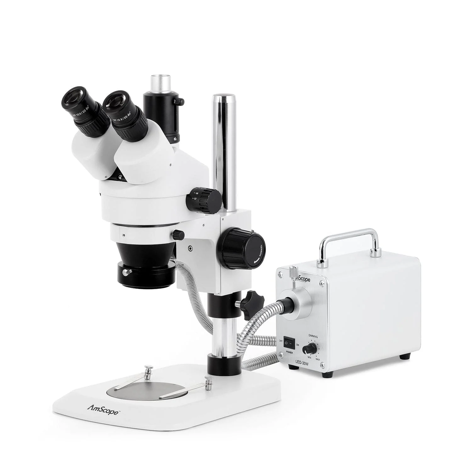 AmScope SM-1 Series Industrial Inspection Zoom Trinocular Stereo Microscope with 30W LED Fiber Optic Ring Light and Optional Digital Camera on Pillar Stand with Small Base