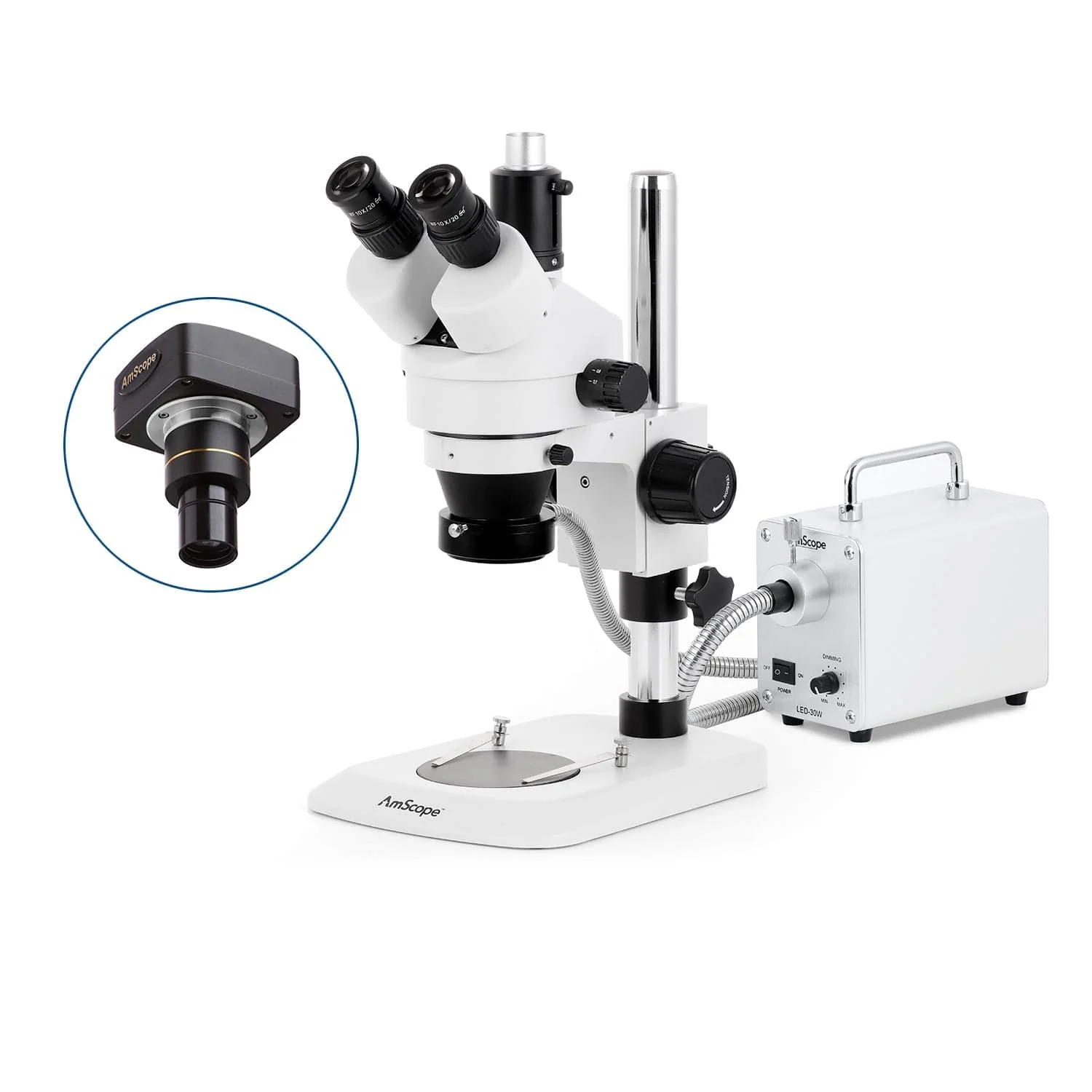 AmScope SM-1 Series Industrial Inspection Zoom Trinocular Stereo Microscope with 30W LED Fiber Optic Ring Light and Optional Digital Camera on Pillar Stand with Small Base - Image 2