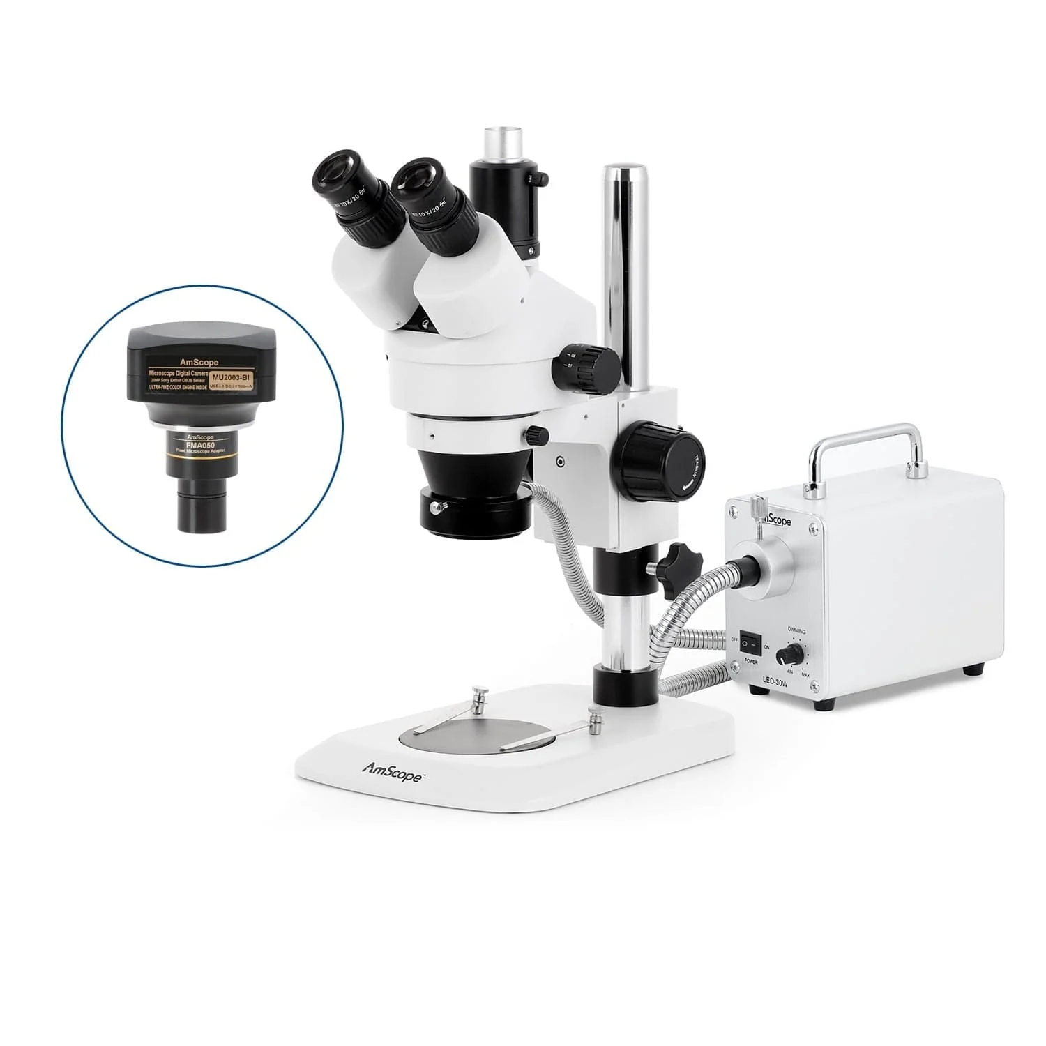 AmScope SM-1 Series Industrial Inspection Zoom Trinocular Stereo Microscope with 30W LED Fiber Optic Ring Light and Optional Digital Camera on Pillar Stand with Small Base - Image 6