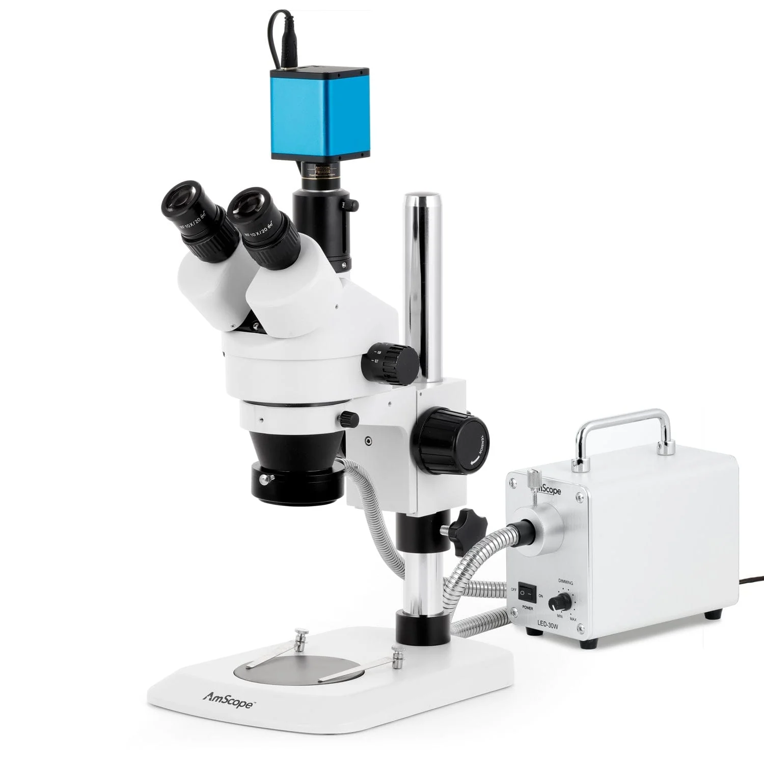 AmScope SM-1 Series Industrial Inspection Zoom Trinocular Stereo Microscope with 30W LED Fiber Optic Ring Light and Auto Focus Camera on Pillar Stand with Small Base