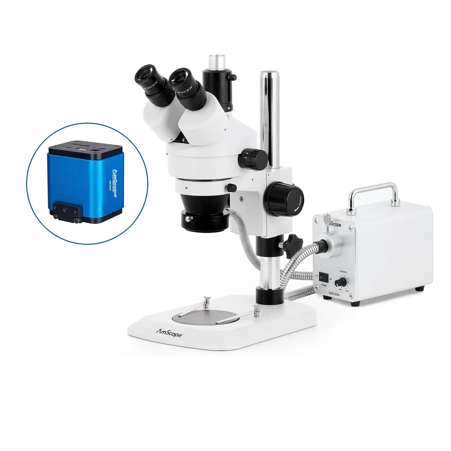 AmScope SM-1 Series Industrial Inspection Zoom Trinocular Stereo Microscope with 30W LED Fiber Optic Ring Light and Auto Focus Camera on Pillar Stand with Small Base - Image 5