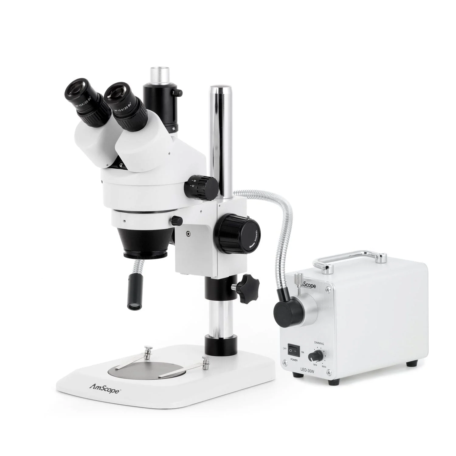AmScope SM-1 Series Industrial Inspection Zoom Trinocular Stereo Microscope with 30W LED Single Fiber Optic Gooseneck Light and Optional Digital Camera on Pillar Stand with Small Base