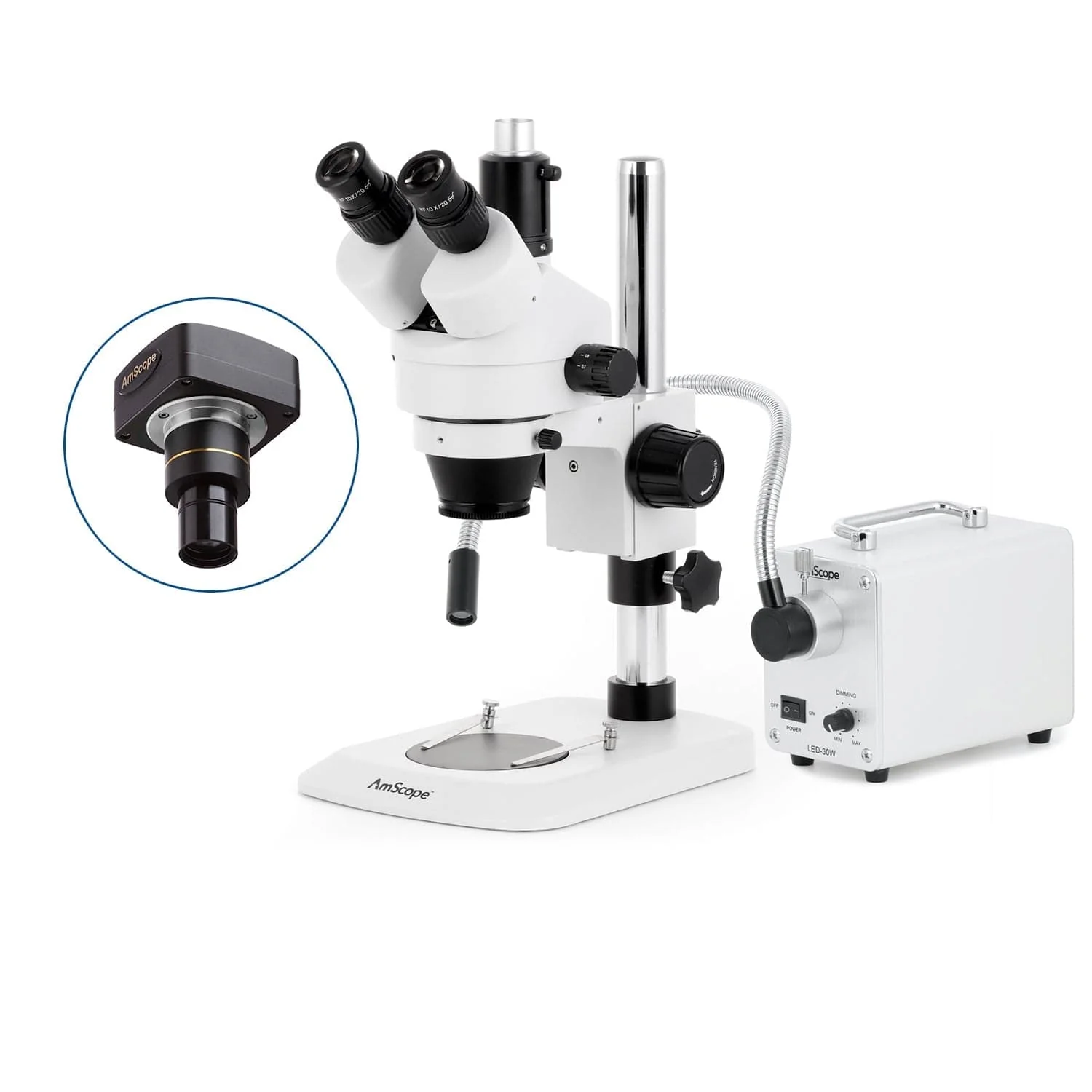 AmScope SM-1 Series Industrial Inspection Zoom Trinocular Stereo Microscope with 30W LED Single Fiber Optic Gooseneck Light and Optional Digital Camera on Pillar Stand with Small Base - Image 2