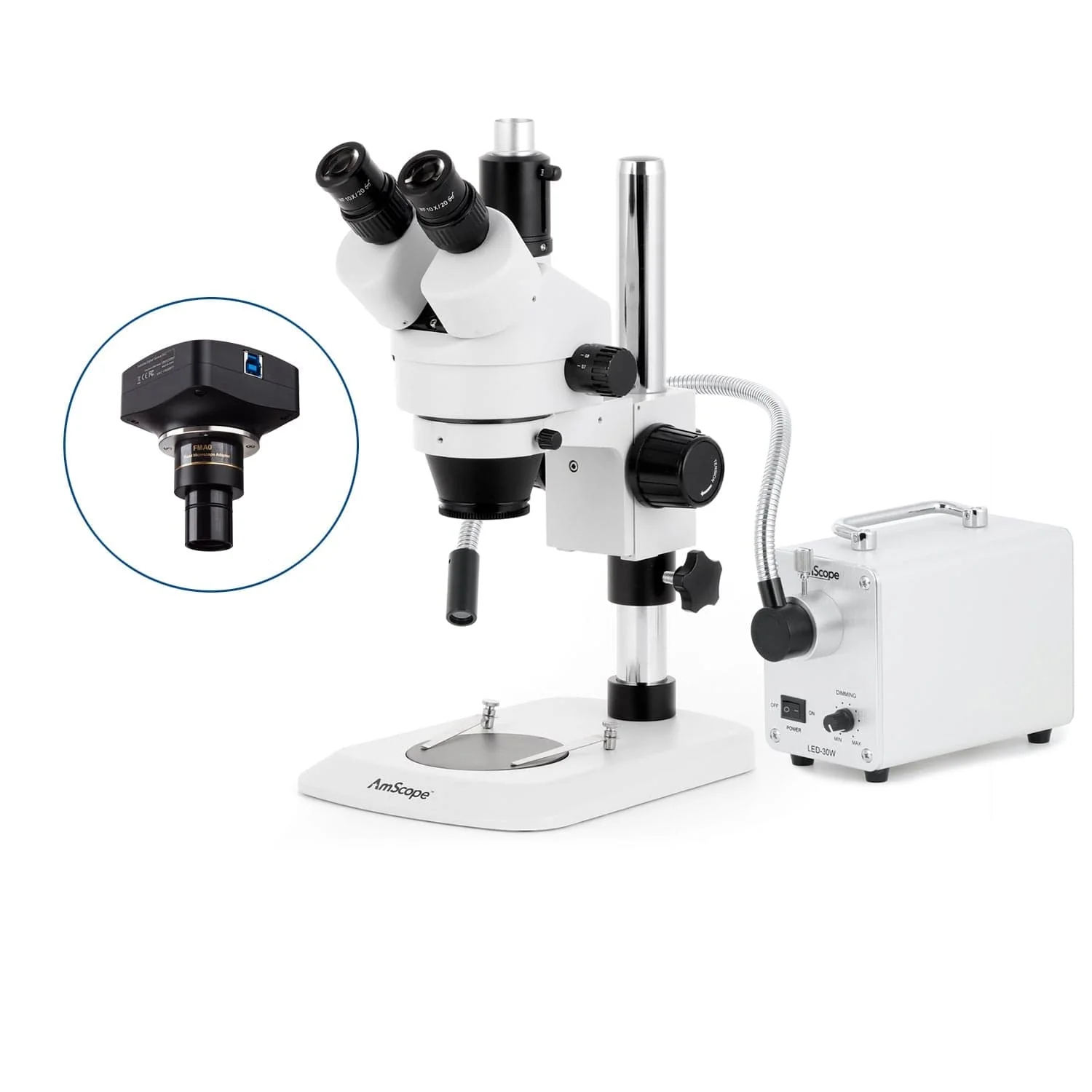 AmScope SM-1 Series Industrial Inspection Zoom Trinocular Stereo Microscope with 30W LED Single Fiber Optic Gooseneck Light and Optional Digital Camera on Pillar Stand with Small Base - Image 4