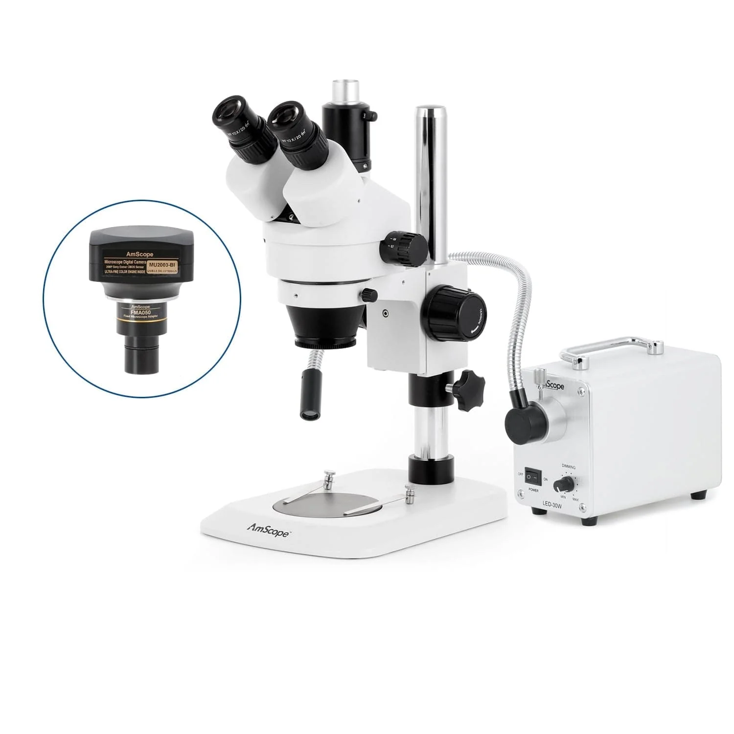 AmScope SM-1 Series Industrial Inspection Zoom Trinocular Stereo Microscope with 30W LED Single Fiber Optic Gooseneck Light and Optional Digital Camera on Pillar Stand with Small Base - Image 6