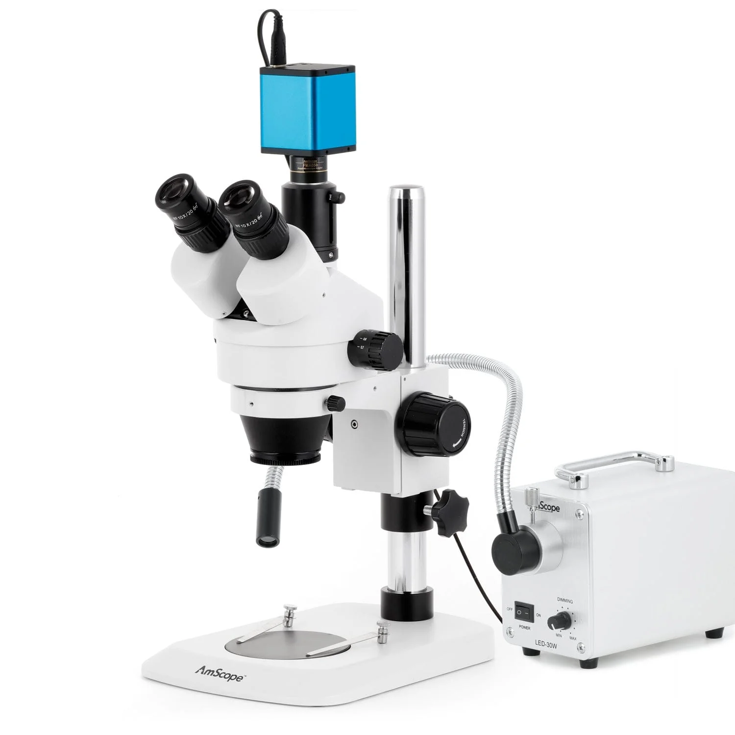 AmScope SM-1 Series Industrial Inspection Zoom Trinocular Stereo Microscope with 30W LED Single Fiber Optic Gooseneck Light and Auto Focus Camera on Pillar Stand with Small Base
