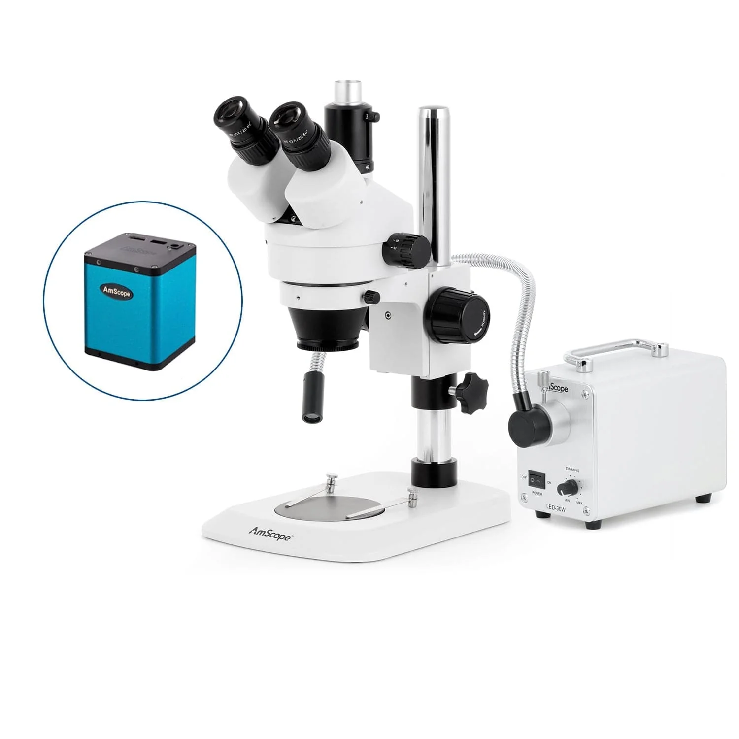 AmScope SM-1 Series Industrial Inspection Zoom Trinocular Stereo Microscope with 30W LED Single Fiber Optic Gooseneck Light and Auto Focus Camera on Pillar Stand with Small Base - Image 3