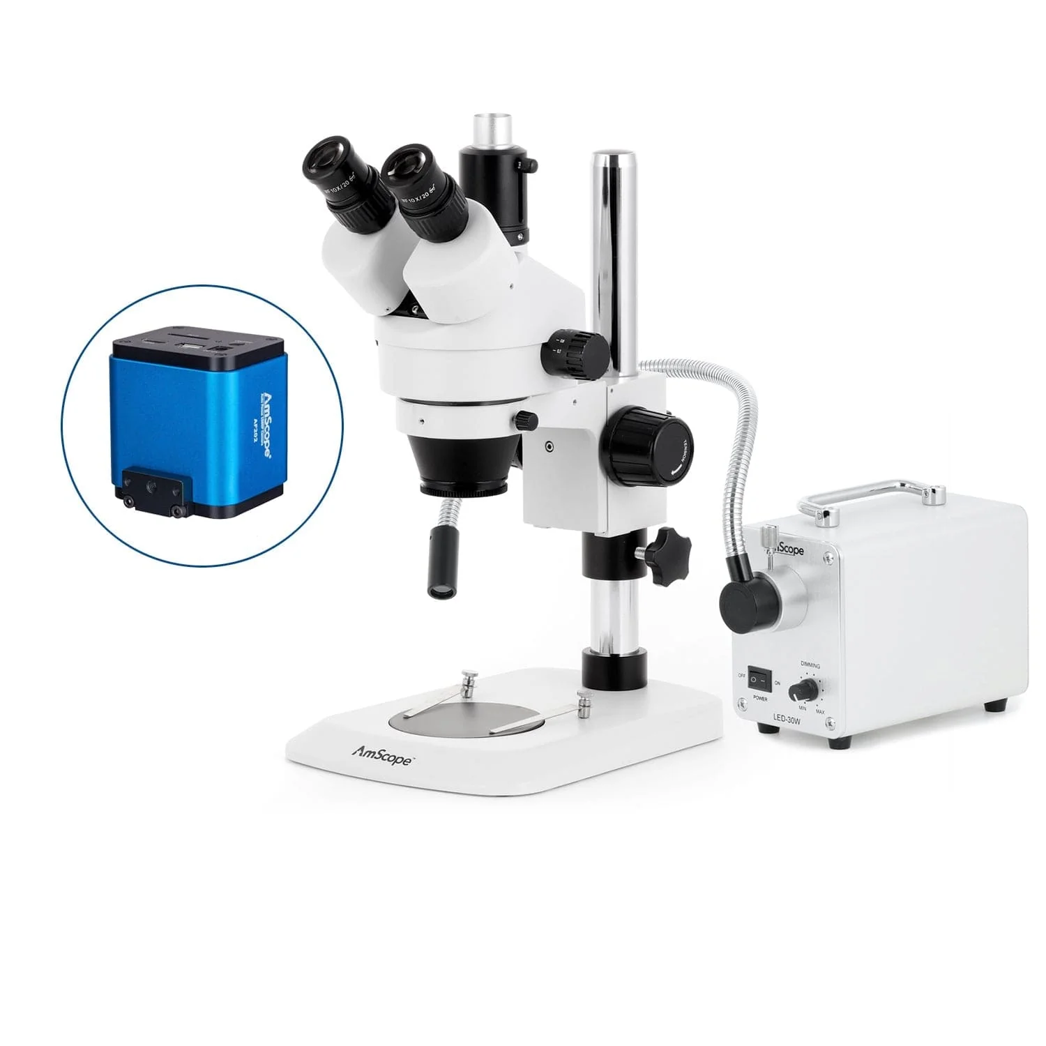 AmScope SM-1 Series Industrial Inspection Zoom Trinocular Stereo Microscope with 30W LED Single Fiber Optic Gooseneck Light and Auto Focus Camera on Pillar Stand with Small Base - Image 5