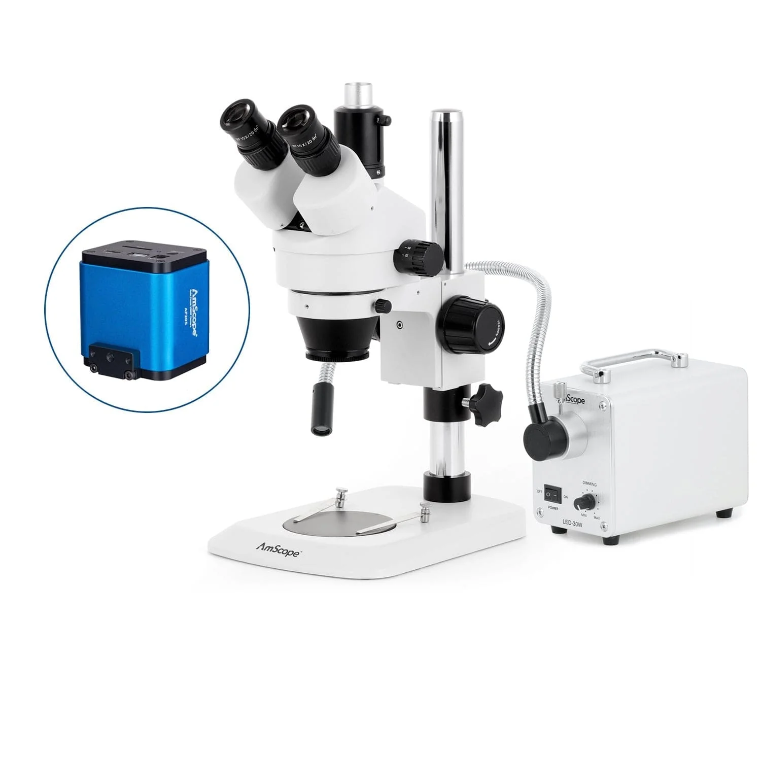 AmScope SM-1 Series Industrial Inspection Zoom Trinocular Stereo Microscope with 30W LED Single Fiber Optic Gooseneck Light and Auto Focus Camera on Pillar Stand with Small Base - Image 7