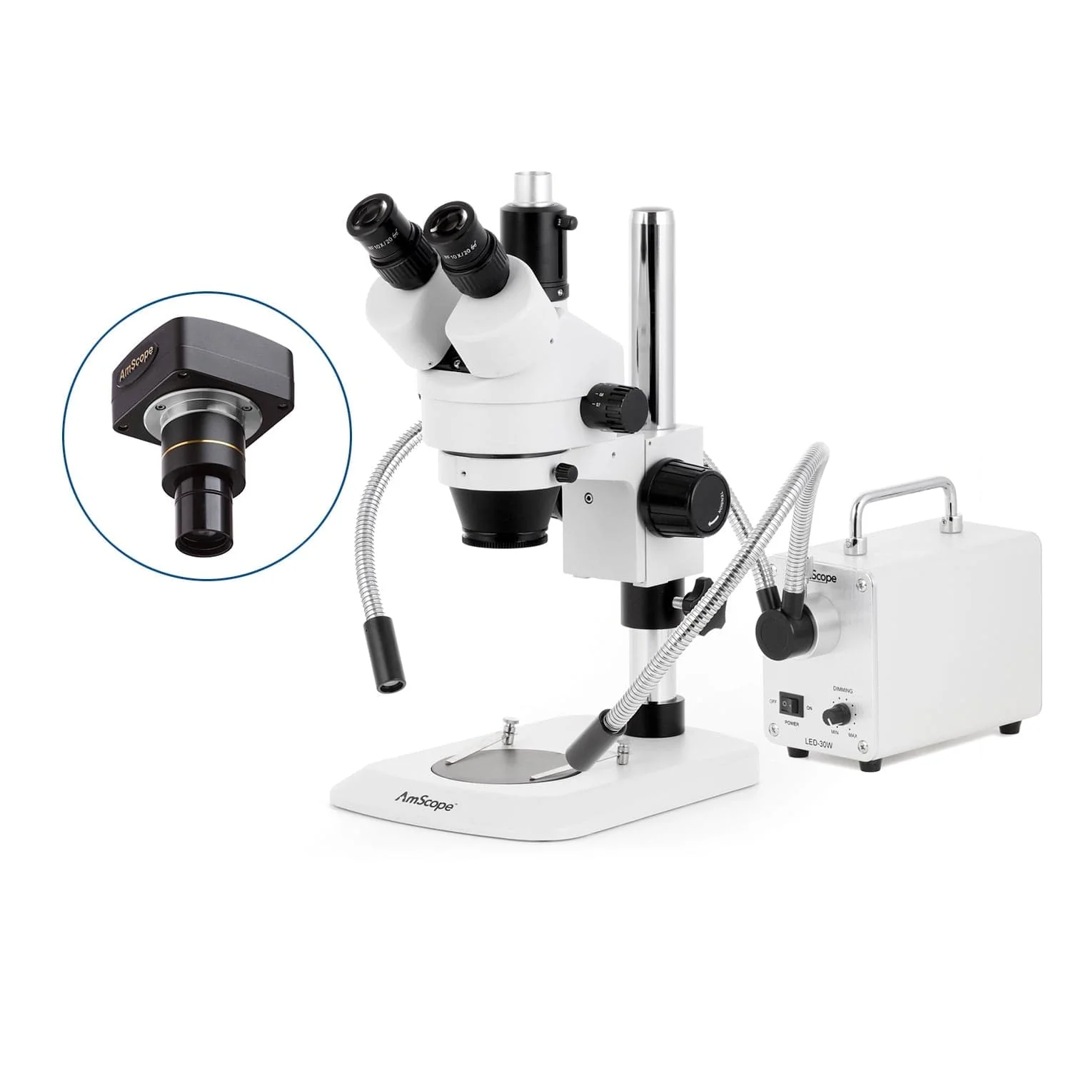 AmScope SM-1 Series Industrial Inspection Zoom Trinocular Stereo Microscope with 30W LED Dual Gooseneck Fiber Optic Lights and Optional Digital Camera on Pillar Stand with Small Base - Image 2