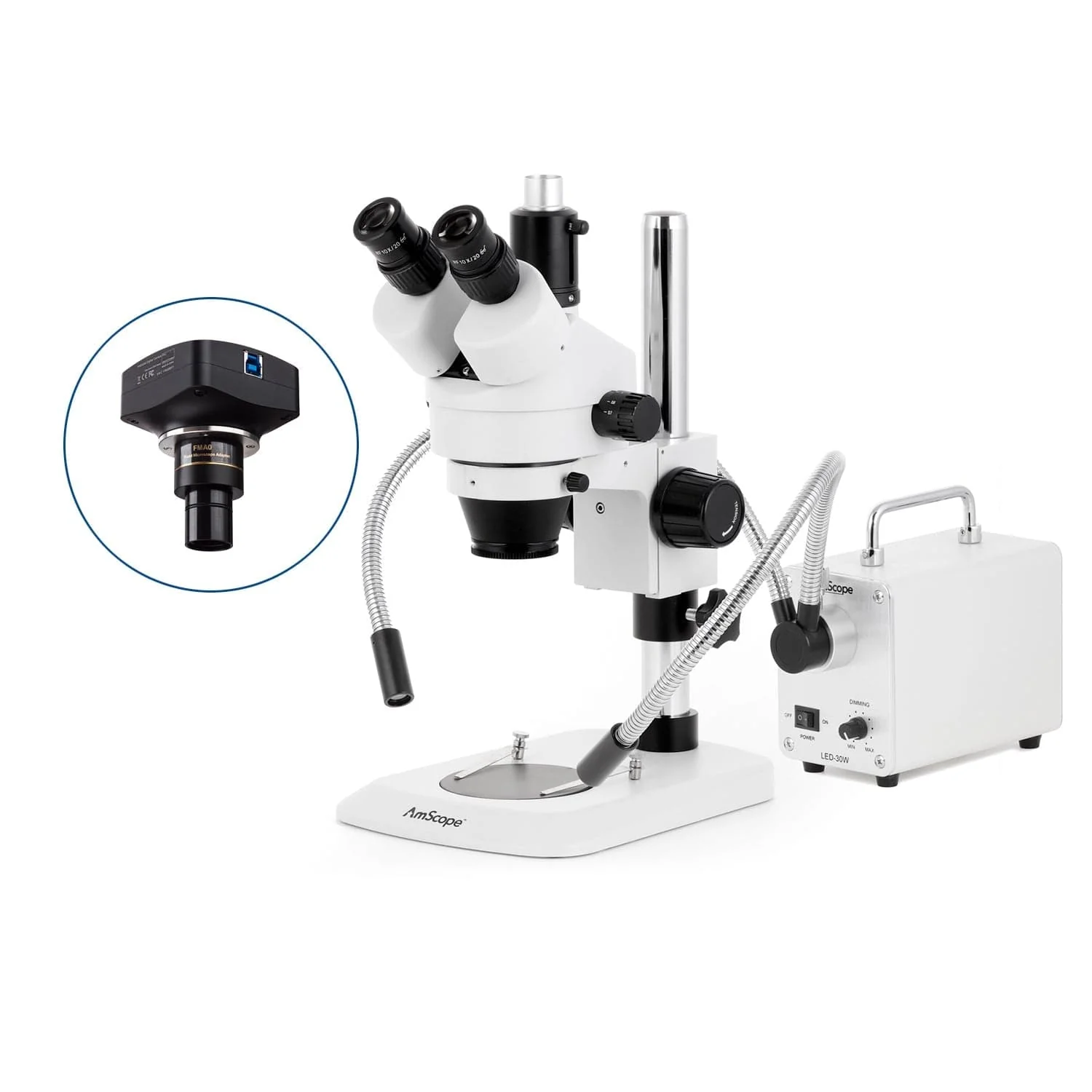 AmScope SM-1 Series Industrial Inspection Zoom Trinocular Stereo Microscope with 30W LED Dual Gooseneck Fiber Optic Lights and Optional Digital Camera on Pillar Stand with Small Base - Image 4