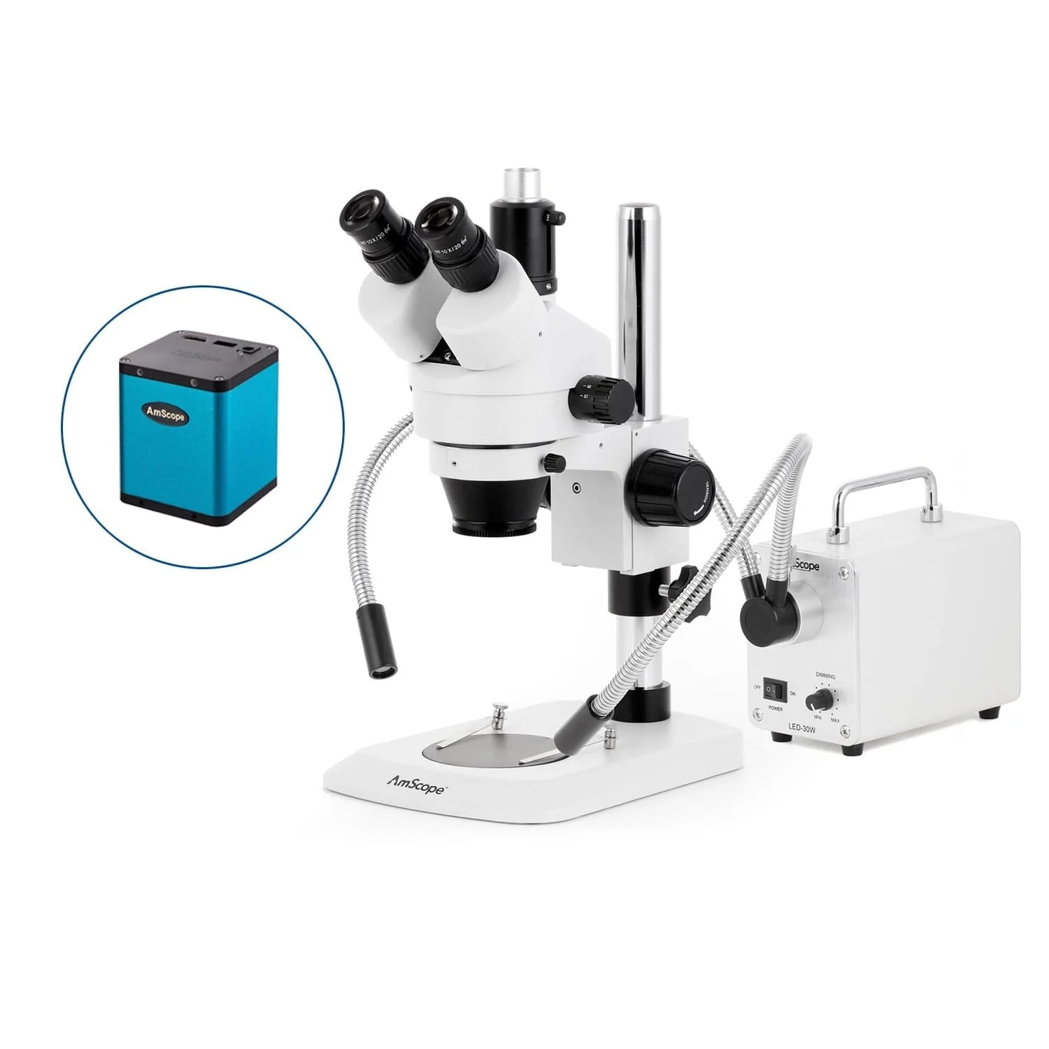 AmScope SM-1 Industrial Inspection Zoom Trinocular Stereo Microscope with 30W LED Dual Gooseneck Fiber Optic Lights and Auto Focus Camera on Pillar Stand with Small Base - Image 3