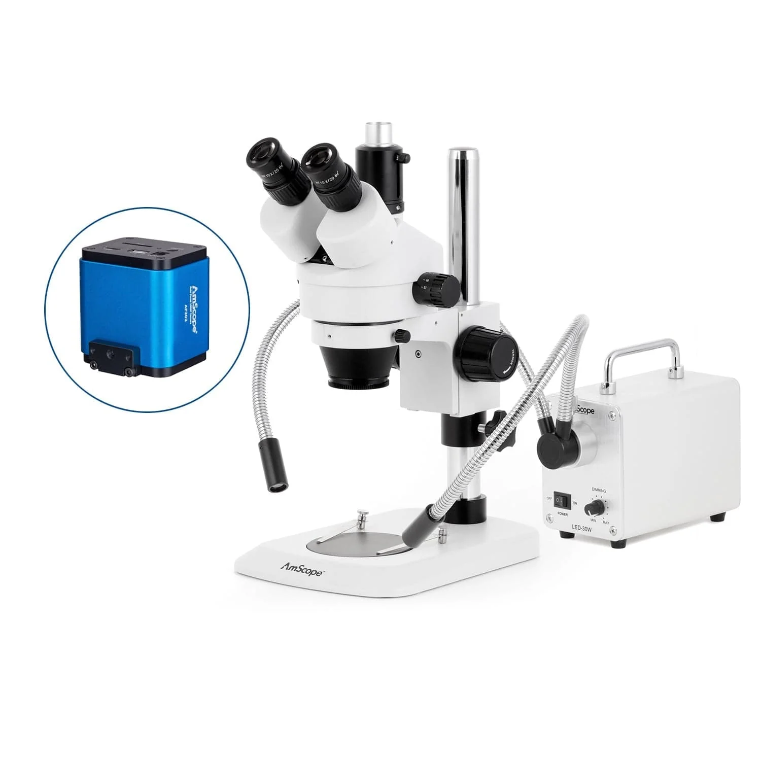 AmScope SM-1 Industrial Inspection Zoom Trinocular Stereo Microscope with 30W LED Dual Gooseneck Fiber Optic Lights and Auto Focus Camera on Pillar Stand with Small Base - Image 5