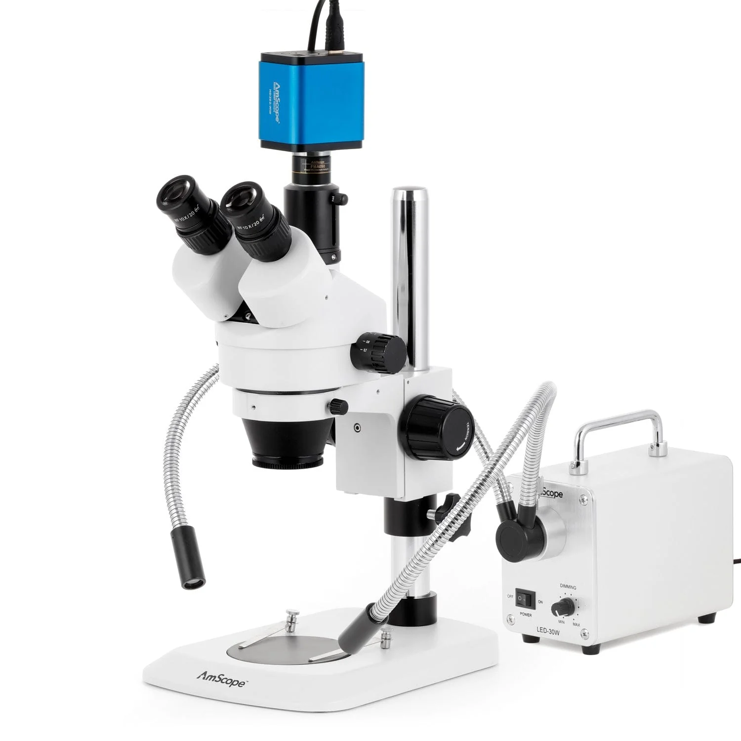AmScope SM-1 Series Industrial Inspection Zoom Trinocular Stereo Microscope with 30W LED Dual Gooseneck Fiber Optic Lights and HDMI Camera on Pillar Stand with Small Base