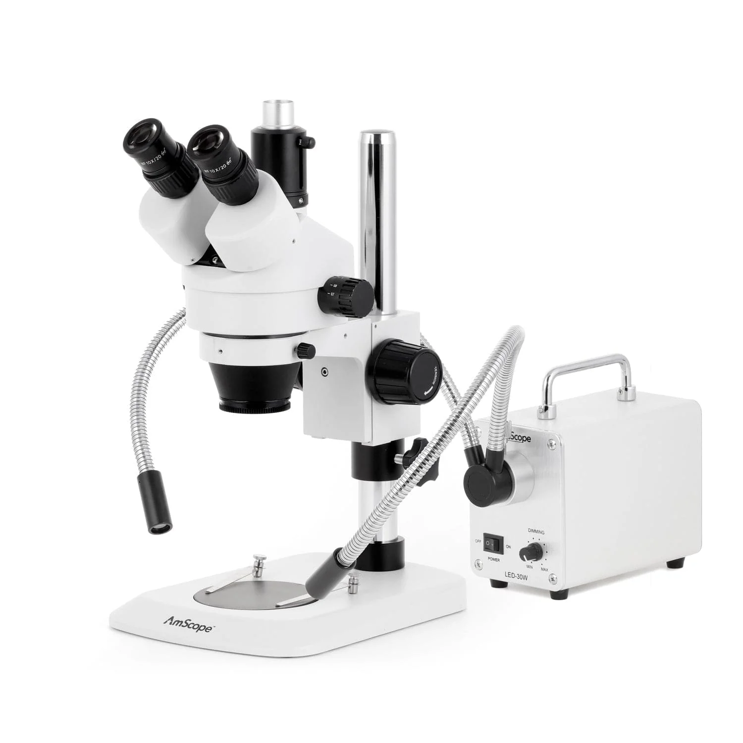 AmScope SM-1 Series Industrial Inspection Zoom Trinocular Stereo Microscope with 30W LED Dual Gooseneck Fiber Optic Lights and HDMI Camera on Pillar Stand with Small Base - Image 2