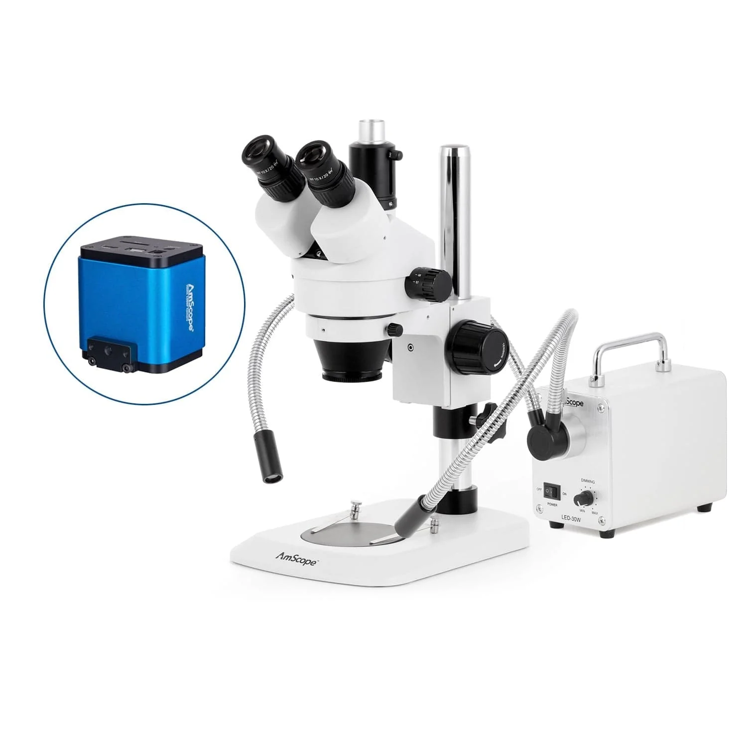 AmScope SM-1 Series Industrial Inspection Zoom Trinocular Stereo Microscope with 30W LED Dual Gooseneck Fiber Optic Lights and HDMI Camera on Pillar Stand with Small Base - Image 3