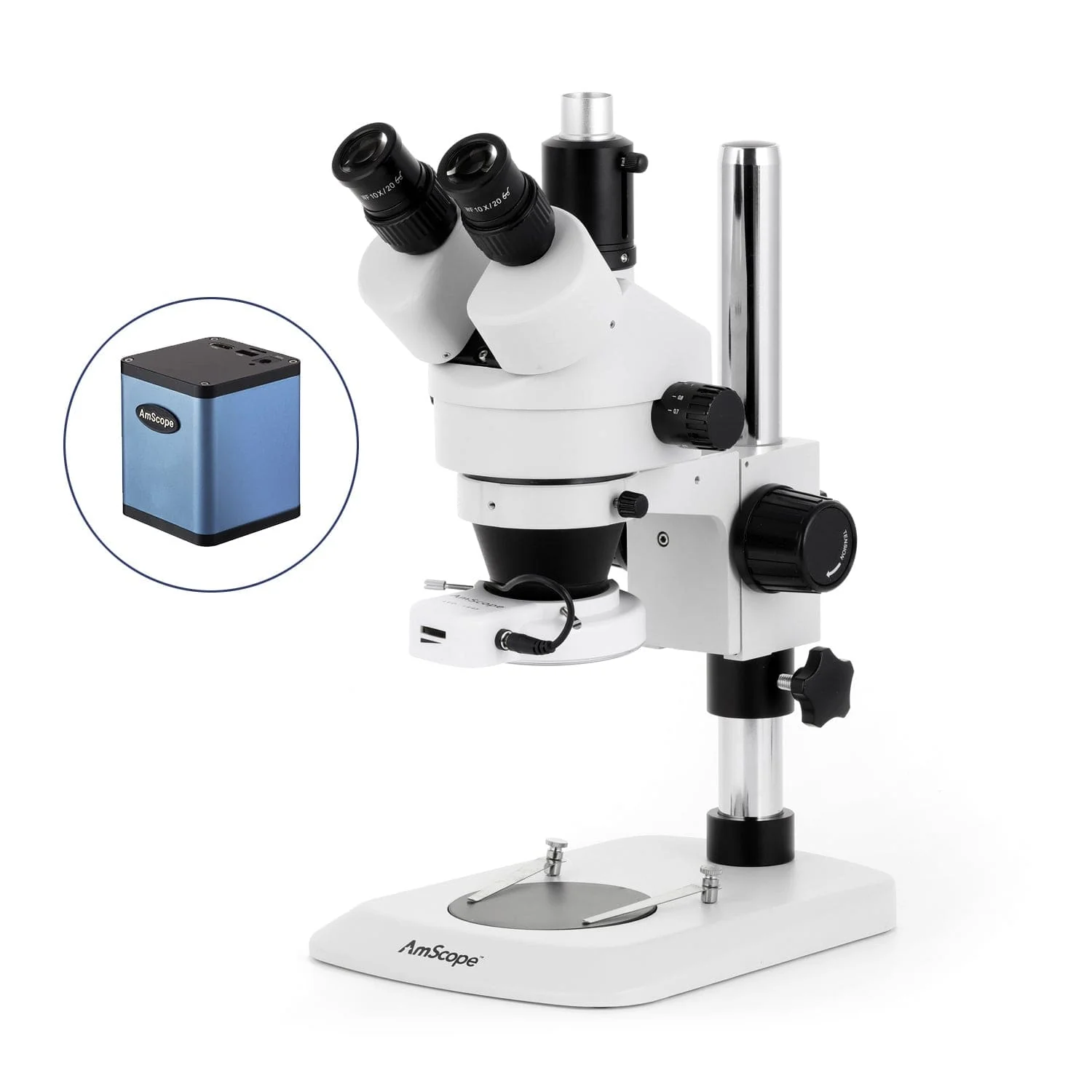AmScope SM-1 Series Industrial Inspection Zoom Trinocular Stereo Microscope with 56 LED Compact Ring Light and Auto Focus Camera on Pillar Stand with Small Base - Image 3