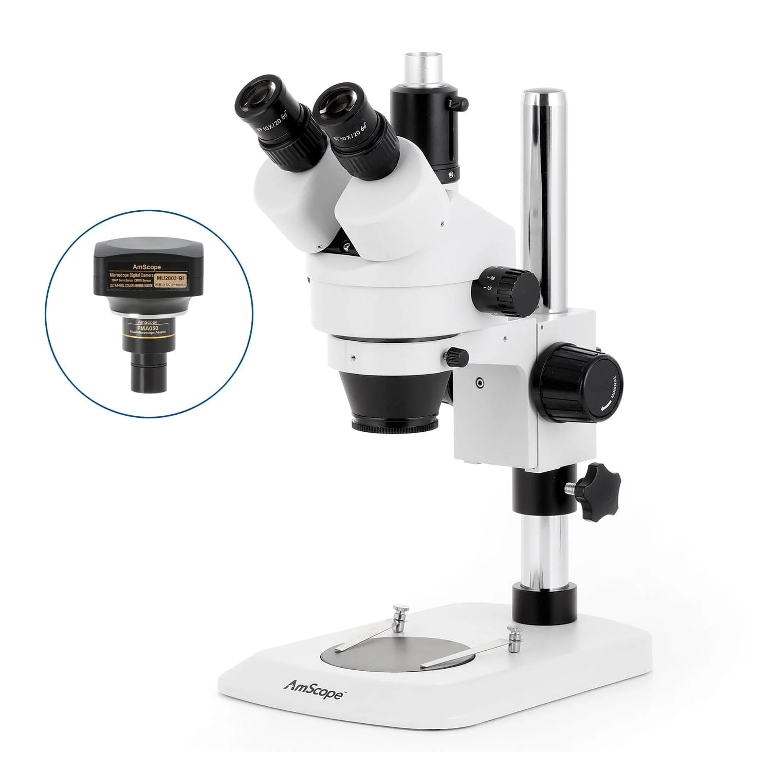 AmScope SM-1 Series Industrial Inspection Zoom Trinocular Stereo Microscope on Pillar Stand with Small Base - Image 6