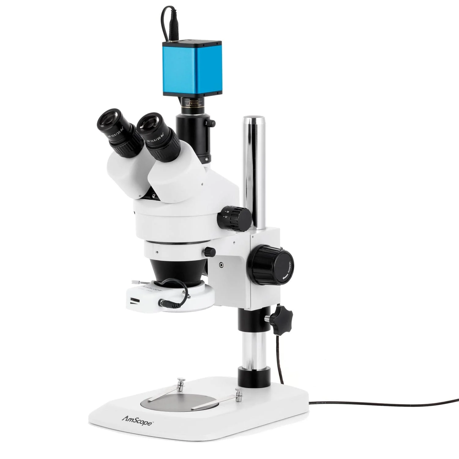 AmScope SM-1 Series Industrial Inspection Zoom Trinocular Stereo Microscope with 64 LED Compact Ring Light and Auto Focus Camera on Pillar Stand with Small Base