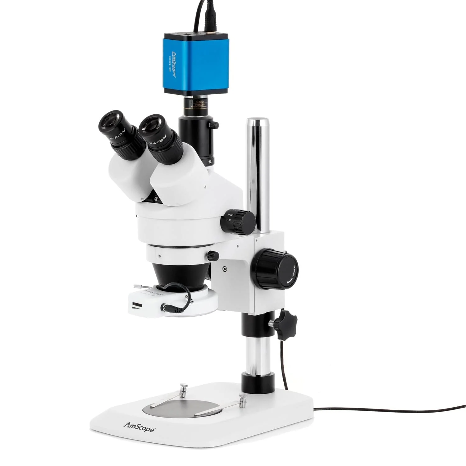 AmScope SM-1 Series Industrial Inspection Zoom Trinocular Stereo Microscope with 64 LED Compact Ring Light and HDMI Camera on Pillar Stand with Small Base