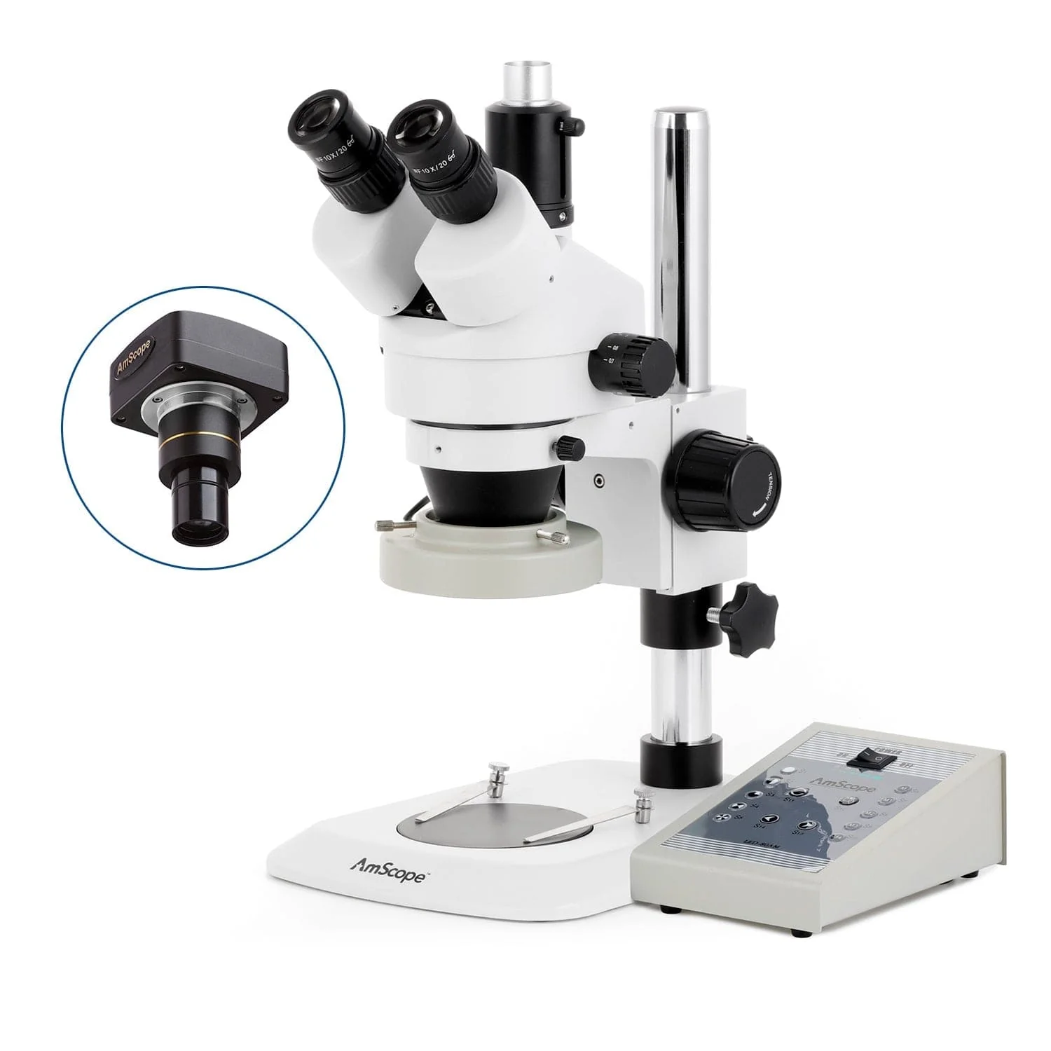 AmScope SM-1 Series Industrial Inspection Zoom Trinocular Stereo Microscope with 80 LED Direction Variable Ring Light and Optional Digital Camera on Pillar Stand with Small Base - Image 2