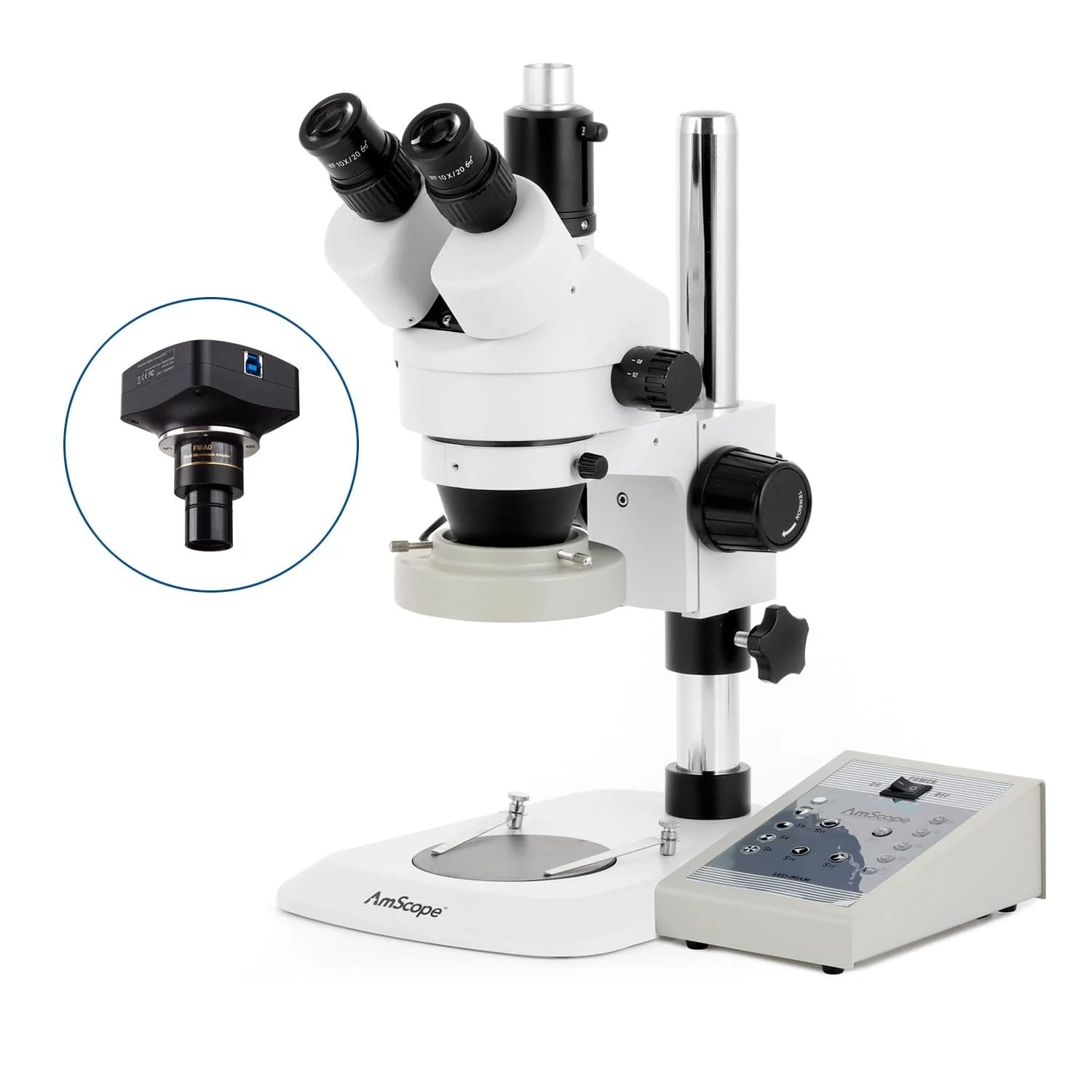AmScope SM-1 Series Industrial Inspection Zoom Trinocular Stereo Microscope with 80 LED Direction Variable Ring Light and Optional Digital Camera on Pillar Stand with Small Base - Image 4