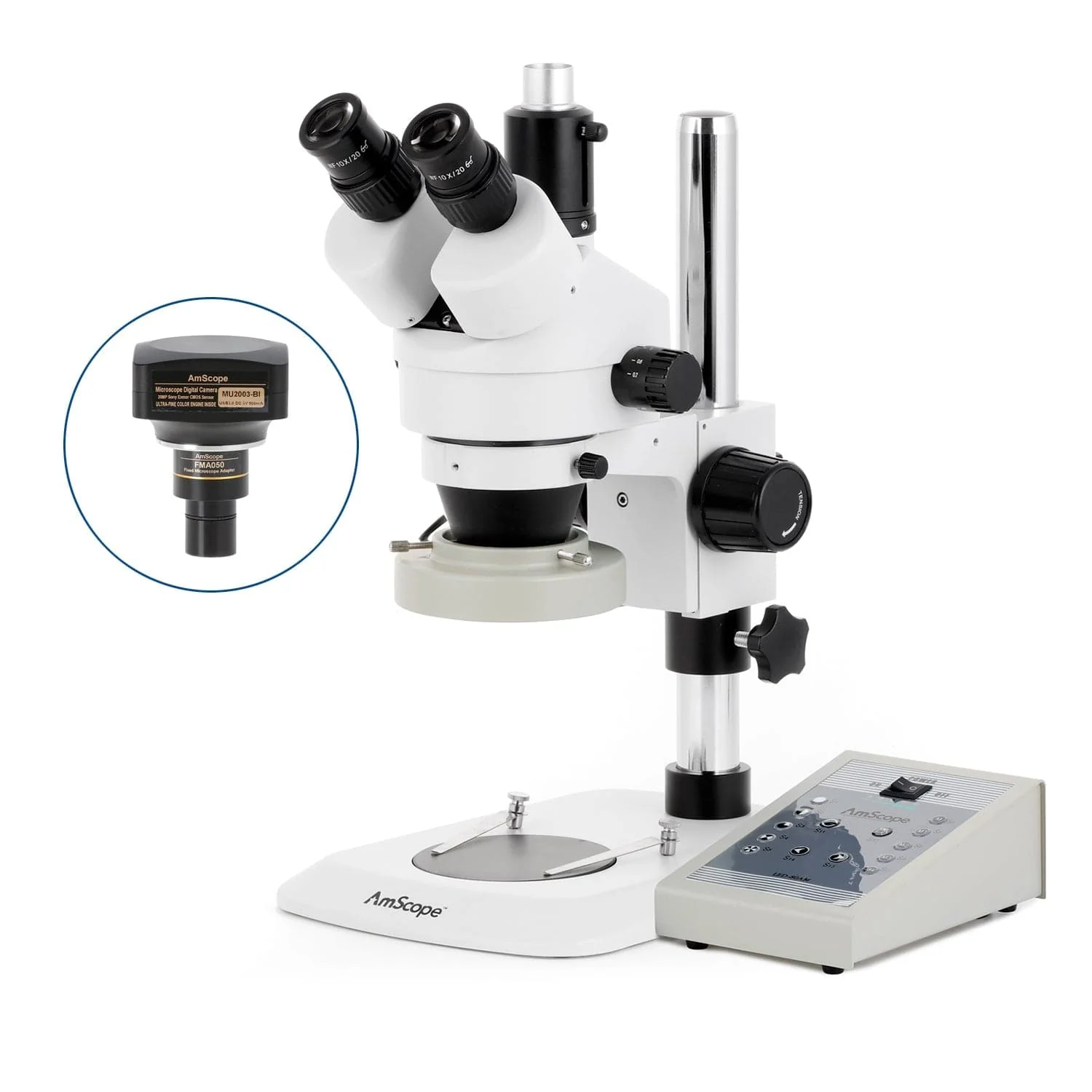 AmScope SM-1 Series Industrial Inspection Zoom Trinocular Stereo Microscope with 80 LED Direction Variable Ring Light and Optional Digital Camera on Pillar Stand with Small Base - Image 6