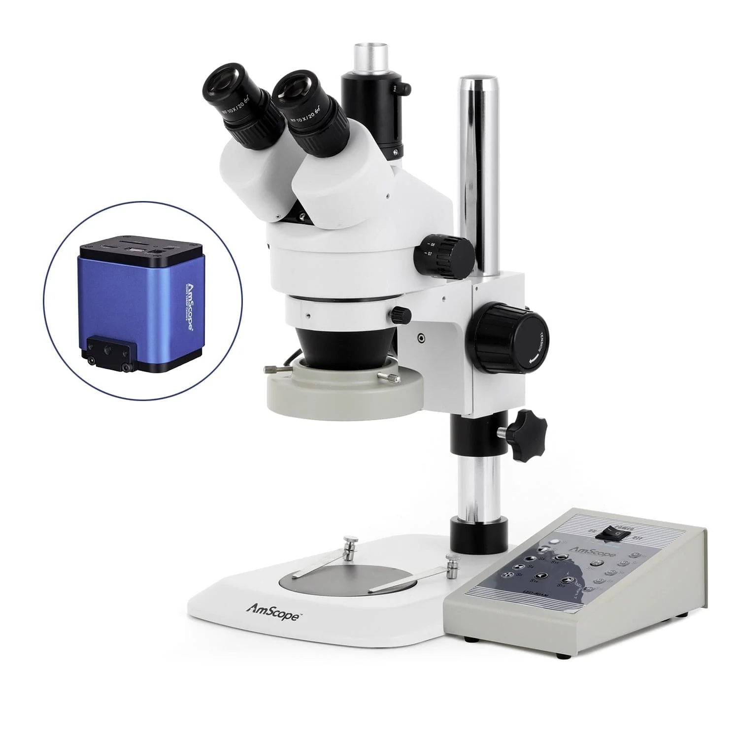 AmScope SM-1 Series Industrial Inspection Zoom Trinocular Stereo Microscope with 80 LED Direction Variable Ring Light and HDMI Camera on Pillar Stand with Small Base - Image 3