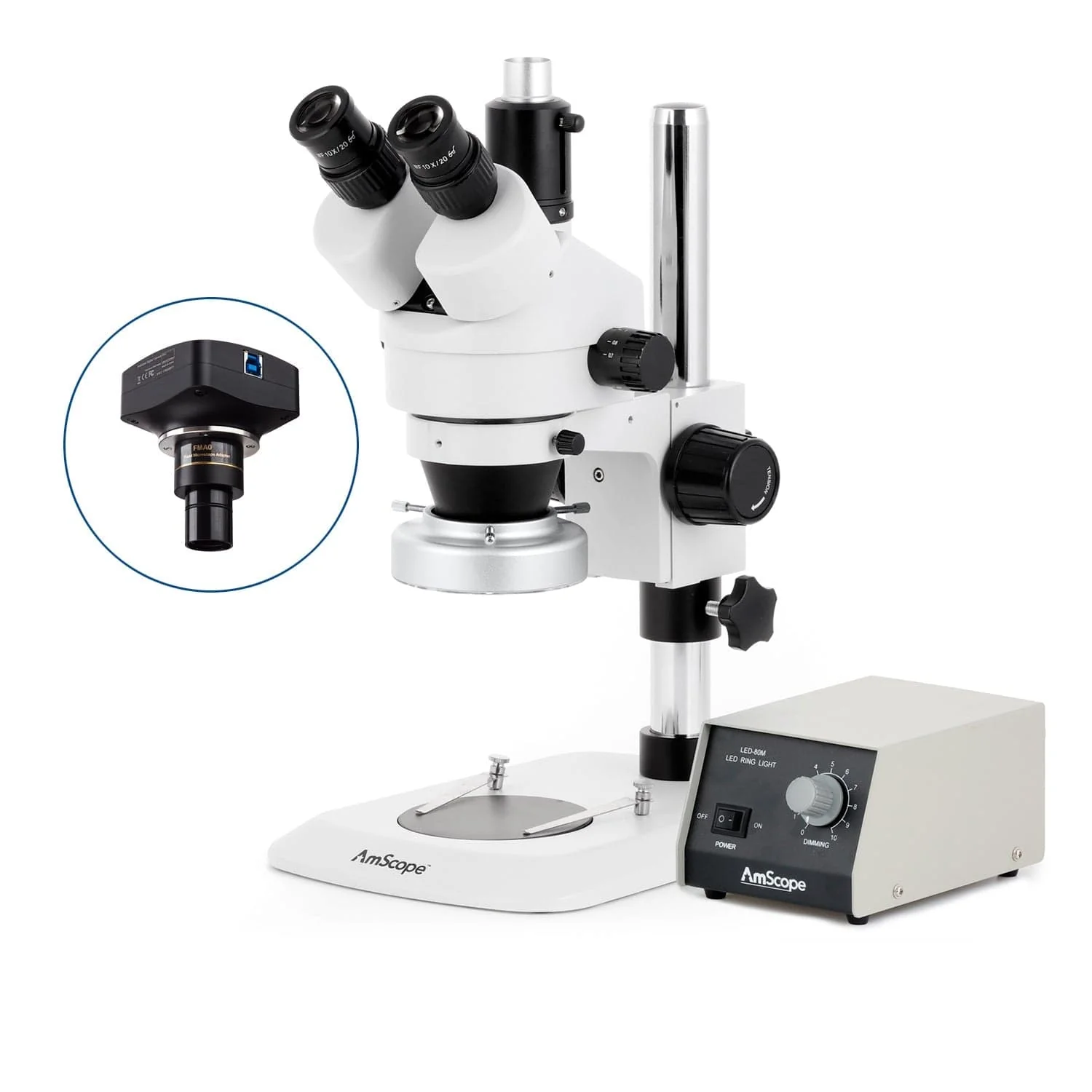 AmScope SM-1 Series Industrial Inspection Zoom Trinocular Stereo Microscope with Heavy Duty 80 LED Ring Light and Optional Digital Camera on Pillar Stand with Small Base - Image 4