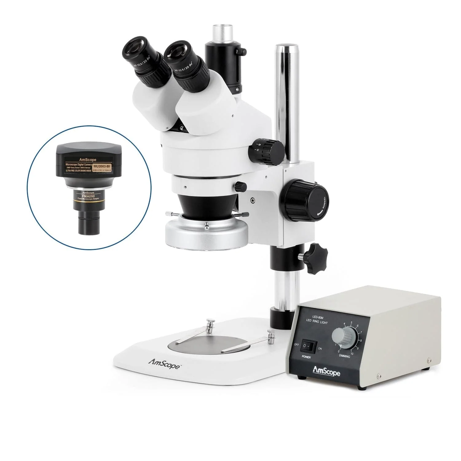 AmScope SM-1 Series Industrial Inspection Zoom Trinocular Stereo Microscope with Heavy Duty 80 LED Ring Light and Optional Digital Camera on Pillar Stand with Small Base - Image 6