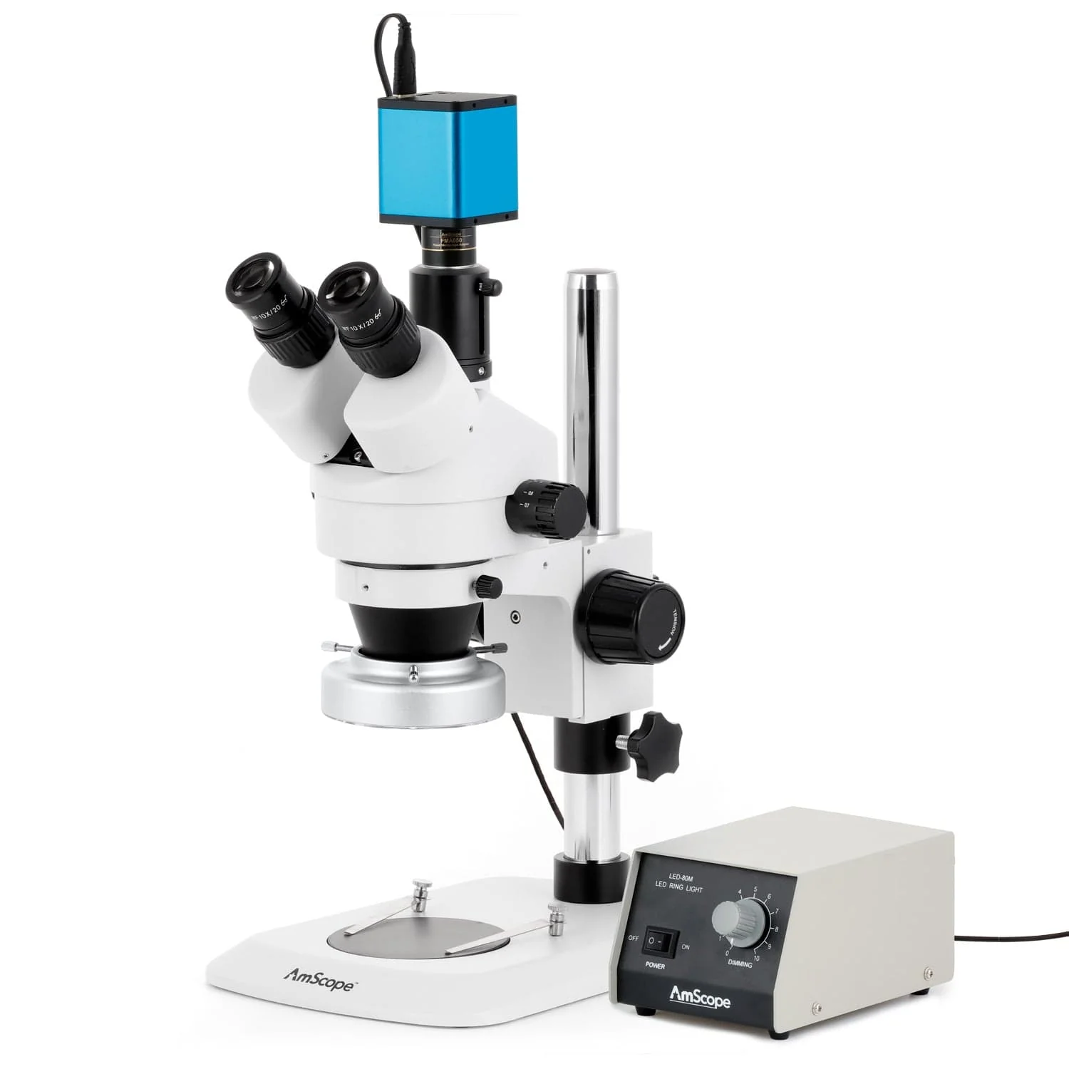 AmScope SM-1 Series Industrial Inspection Zoom Trinocular Stereo Microscope with Heavy Duty 80 LED Ring Light and Auto Focus Camera on Pillar Stand with Small Base