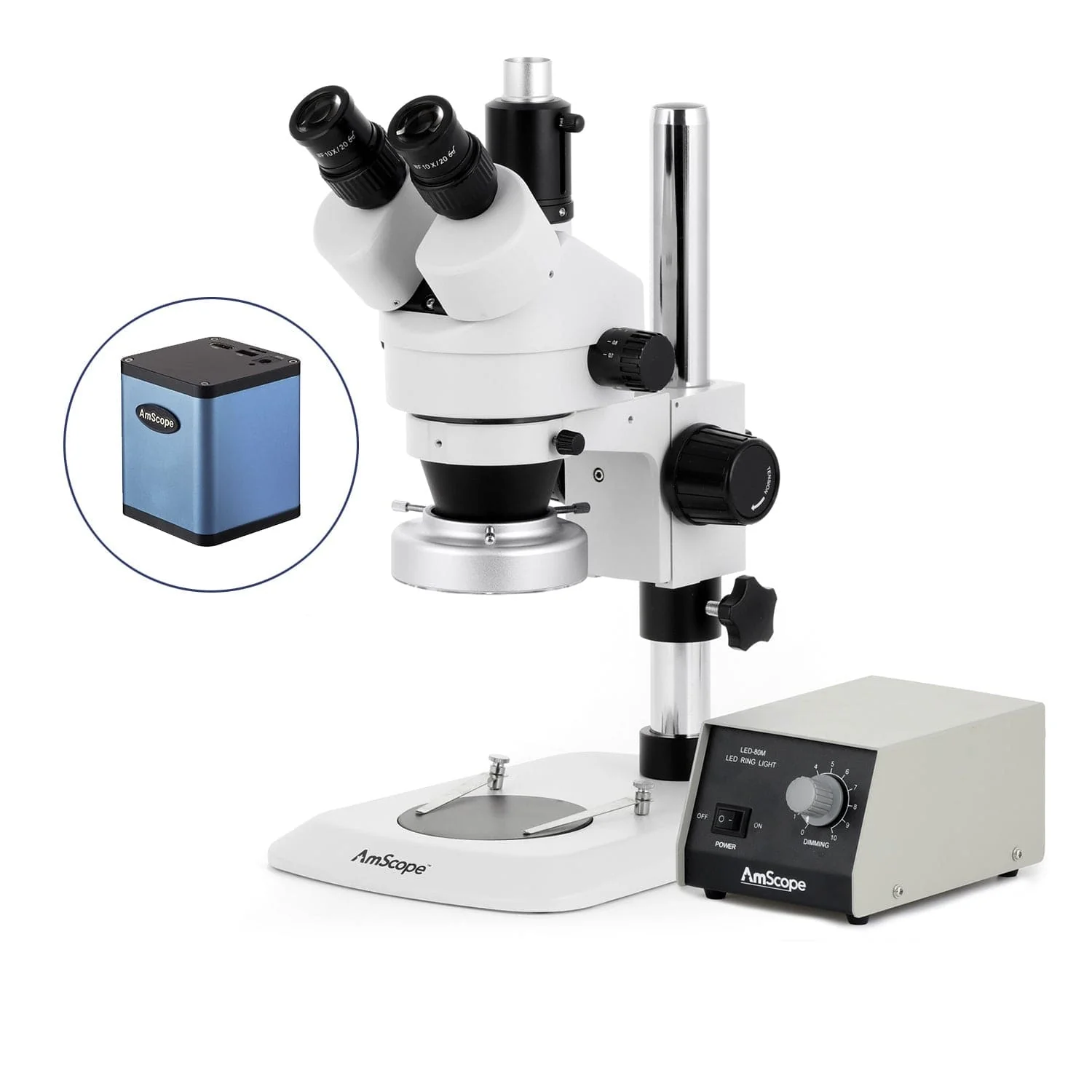 AmScope SM-1 Series Industrial Inspection Zoom Trinocular Stereo Microscope with Heavy Duty 80 LED Ring Light and Auto Focus Camera on Pillar Stand with Small Base - Image 3