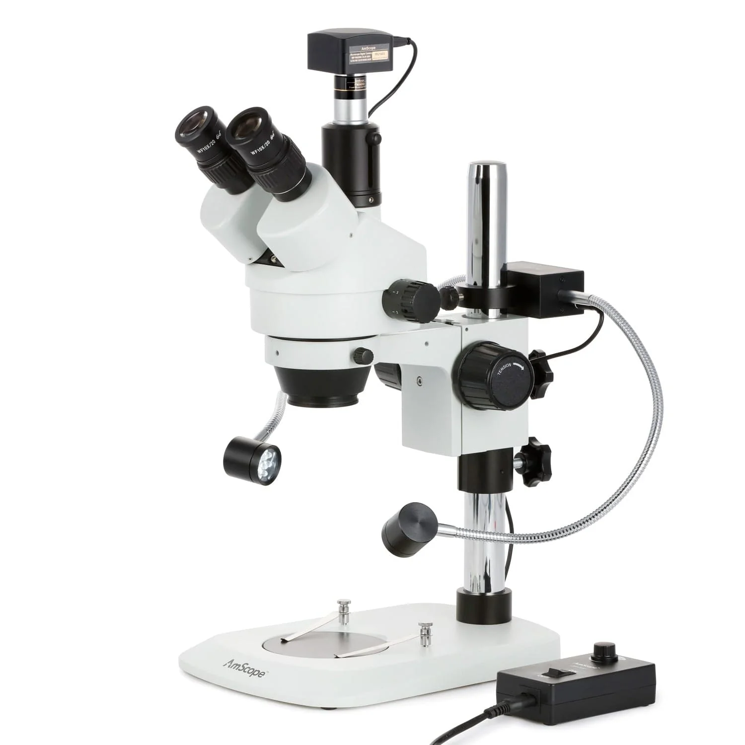 AmScope SM-1 Series Industrial Inspection Zoom Trinocular Stereo Microscope 7X-45X Magnification w/8W LED Dual Gooseneck Illuminator + Optional Digital Camera on Pillar Stand with Small Base - Image 2
