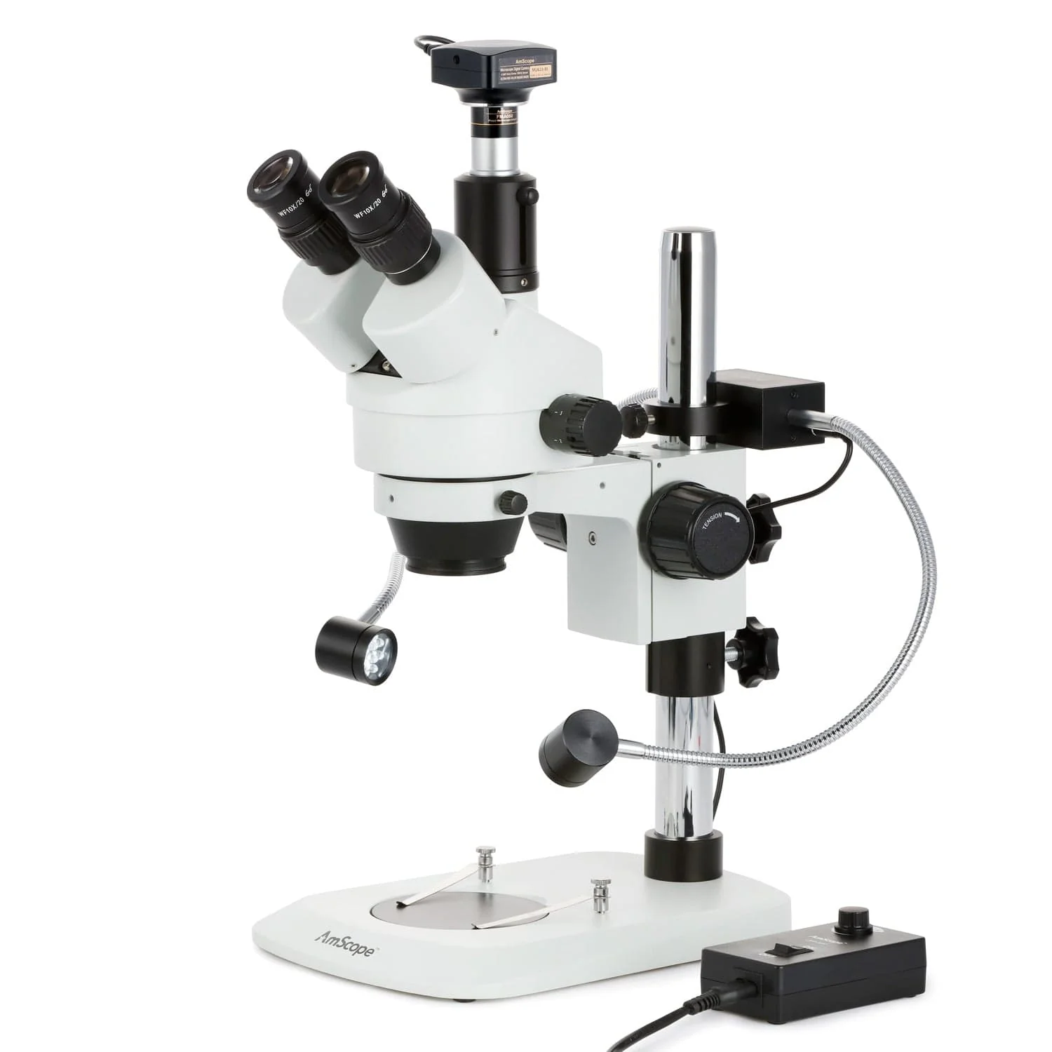 AmScope SM-1 Series Industrial Inspection Zoom Trinocular Stereo Microscope 7X-45X Magnification w/8W LED Dual Gooseneck Illuminator + Optional Digital Camera on Pillar Stand with Small Base - Image 3